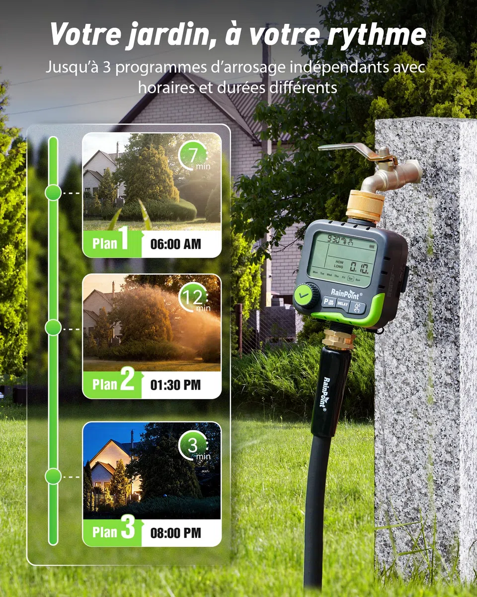 RAINPOINT ITV156 Kit d'arrosage solaire avec minuterie pour robinet de jardin, panneau solaire et 2 piles AA, 3 programmes indépendants