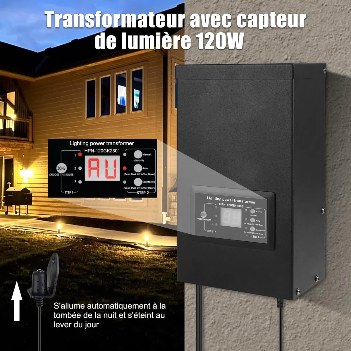 COOLWEST 120W Transformateur 220V 12V AC Capteur de Lumière Alimentation 10A Extérieur pour Éclairage Jardin MR16 GU5.3