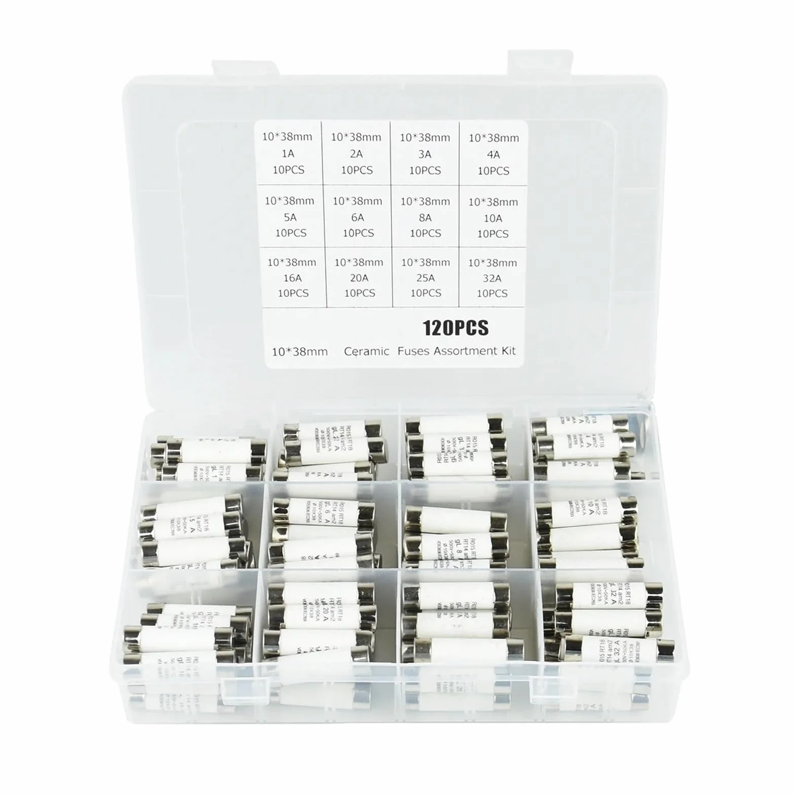 Kit de fusibles en céramique 120 pièces, 12 valeurs, 10 x 38 mm, 500 V, 1-32 A, avec boîte en plastique