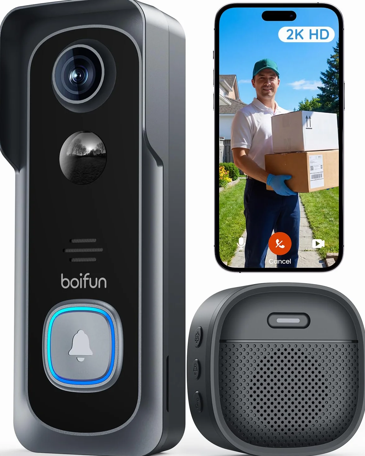 BOIFUN Sonnette sans Fil Exterieur IP65 2K 3MP Wi-Fi 2,4 GHz Grand Angle 166° Vision Nocturne Noir