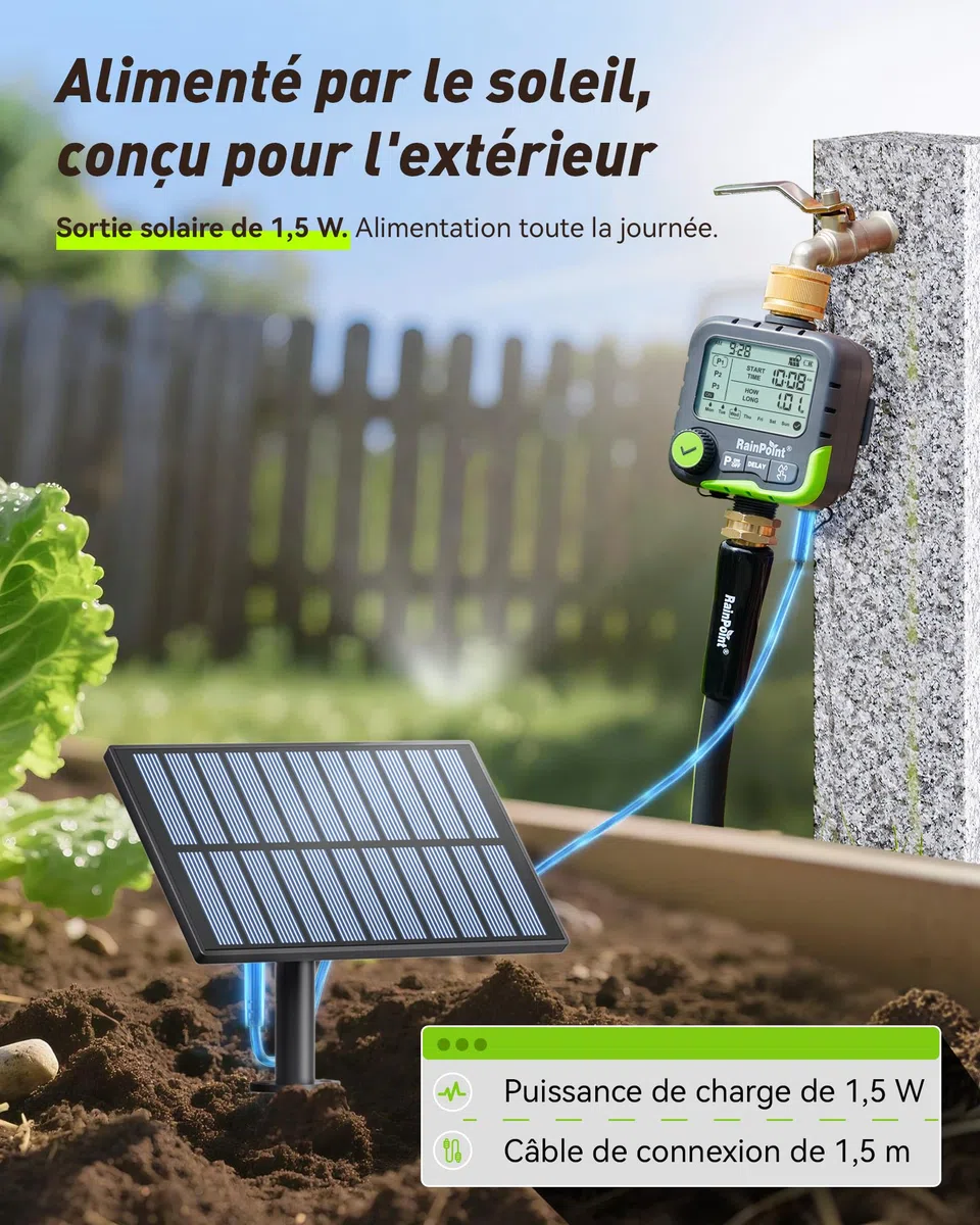 RAINPOINT ITV156 Kit d'arrosage solaire avec minuterie pour robinet de jardin, panneau solaire et 2 piles AA, 3 programmes indépendants