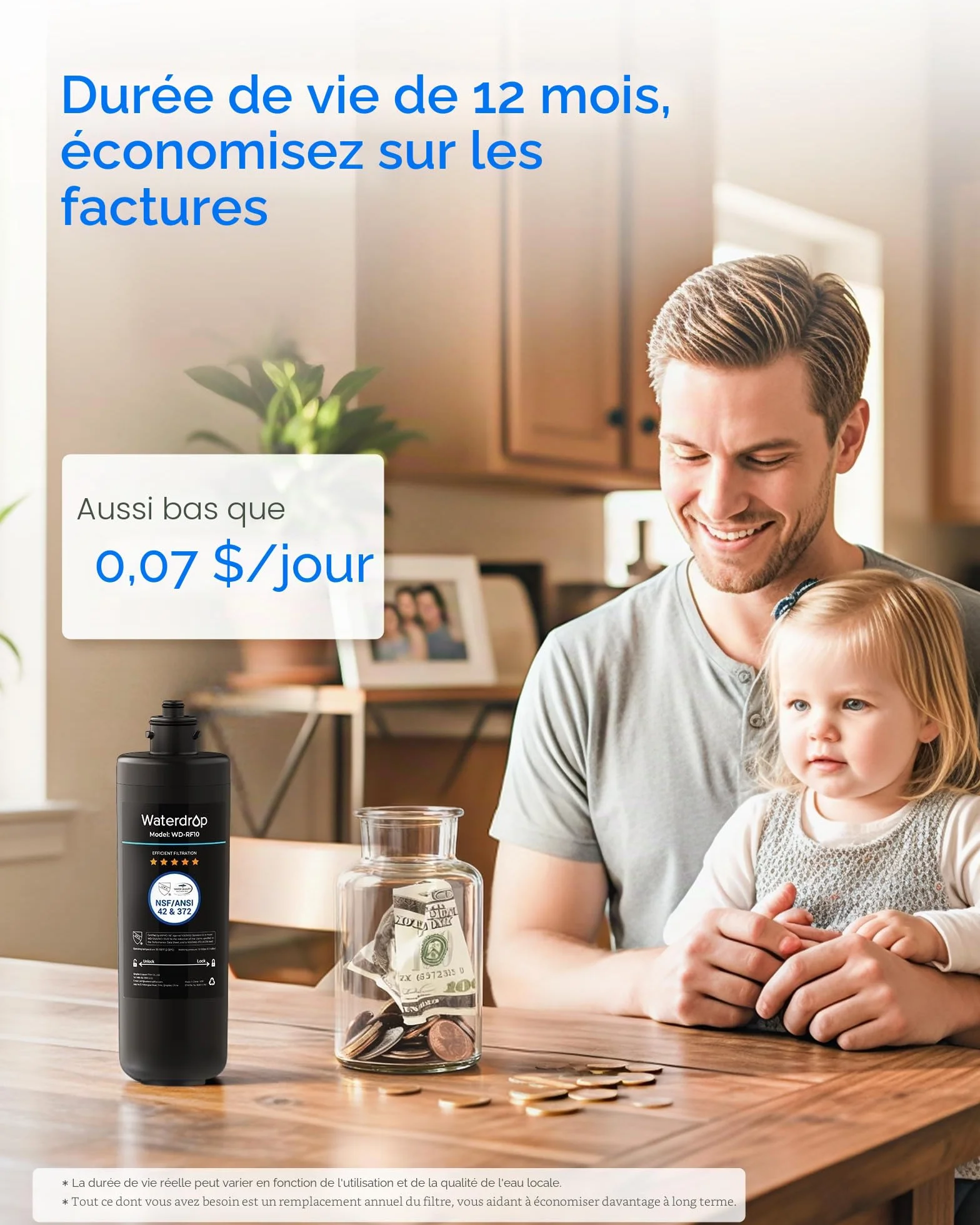 Waterdrop WD-RF10 Filtre à Eau, NSF/ANSI 42 Certifié, 30000 Litres, Remplacement pour Évier