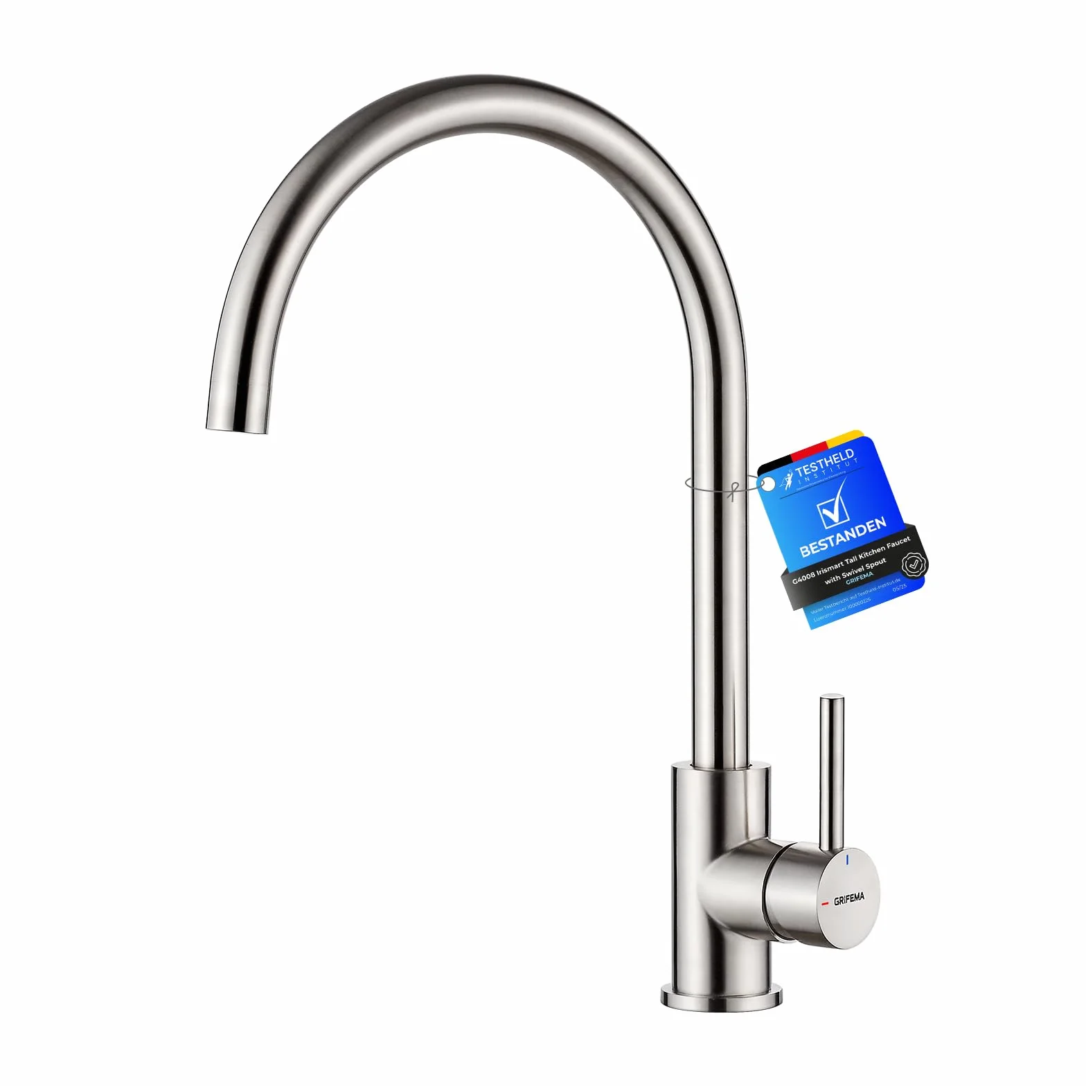 GRIFEMA G4008 Robinet de Cuisine Mitigeur Évier à Poignée Unique, Arc Élevé 360, Acier Inoxydable