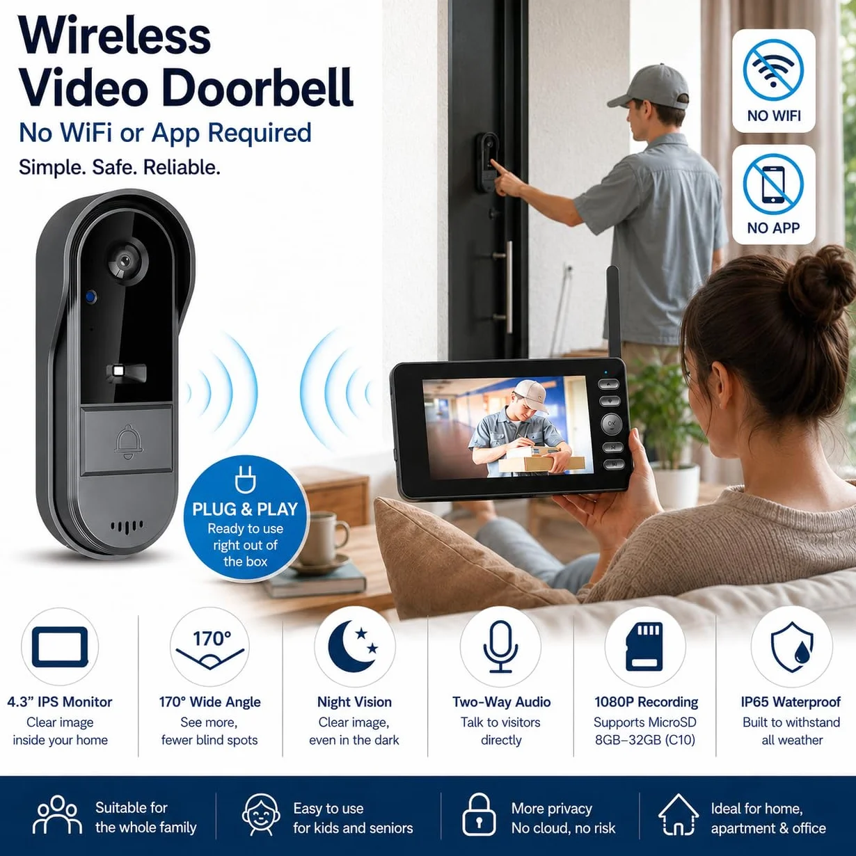 TKMARS Sonnette sans Fil avec Caméra Extérieur Étanche Visiophone 1080P Grand Angle 170° Audio Bidirectionnel Vision Nocturne Kit Portier Vidéo sans WiFi
