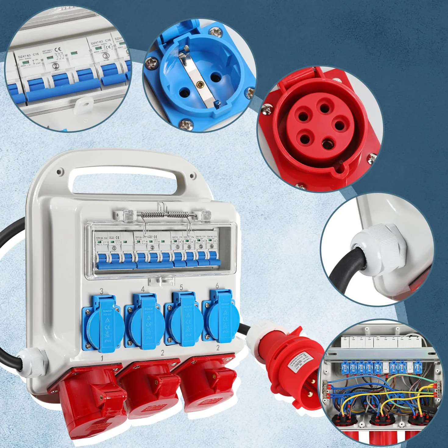 Distributeur de courant de chantier 2xCEE 400V 16A 1xCEE 400V 32A 4x230V avec disjoncteurs câble 1,2m