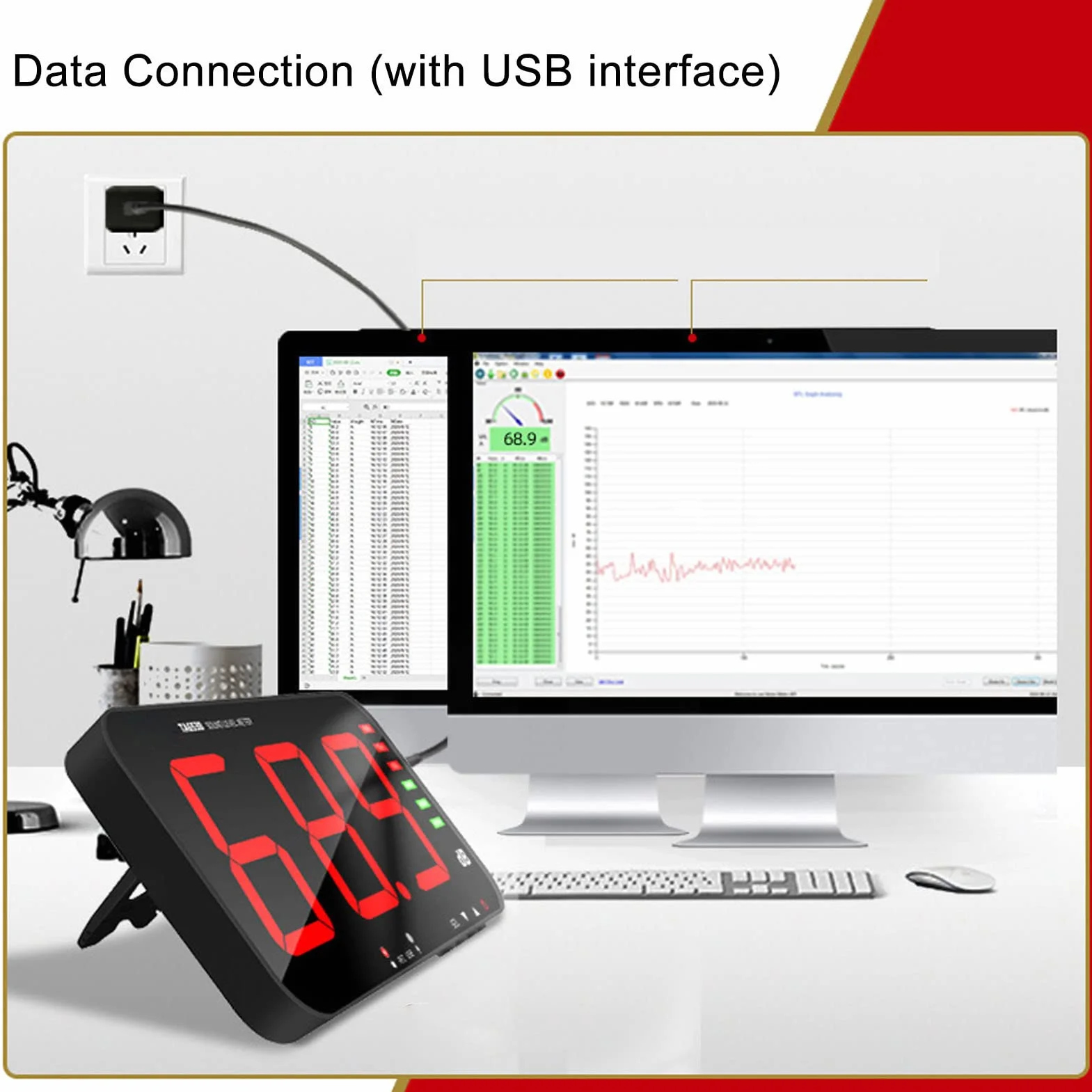 Sonomètre TA654B 30dB-130dB DC5V 1A Micro USB Écran 13 Pouces Affichage 3 Chiffres avec Alarme