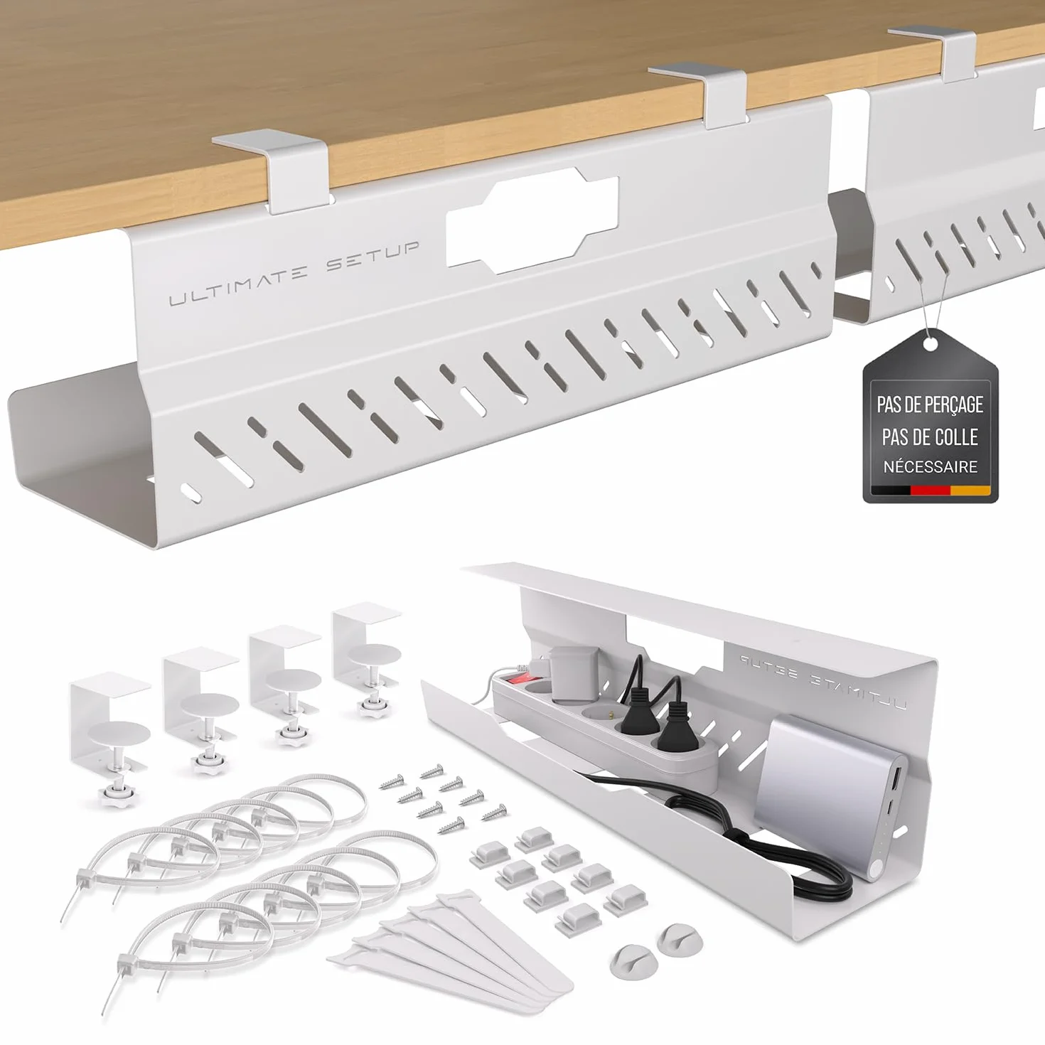 Cable Management Bureau sans percer - Chemin de Câble Flexible Grande Capacité Blanc Lot de 2