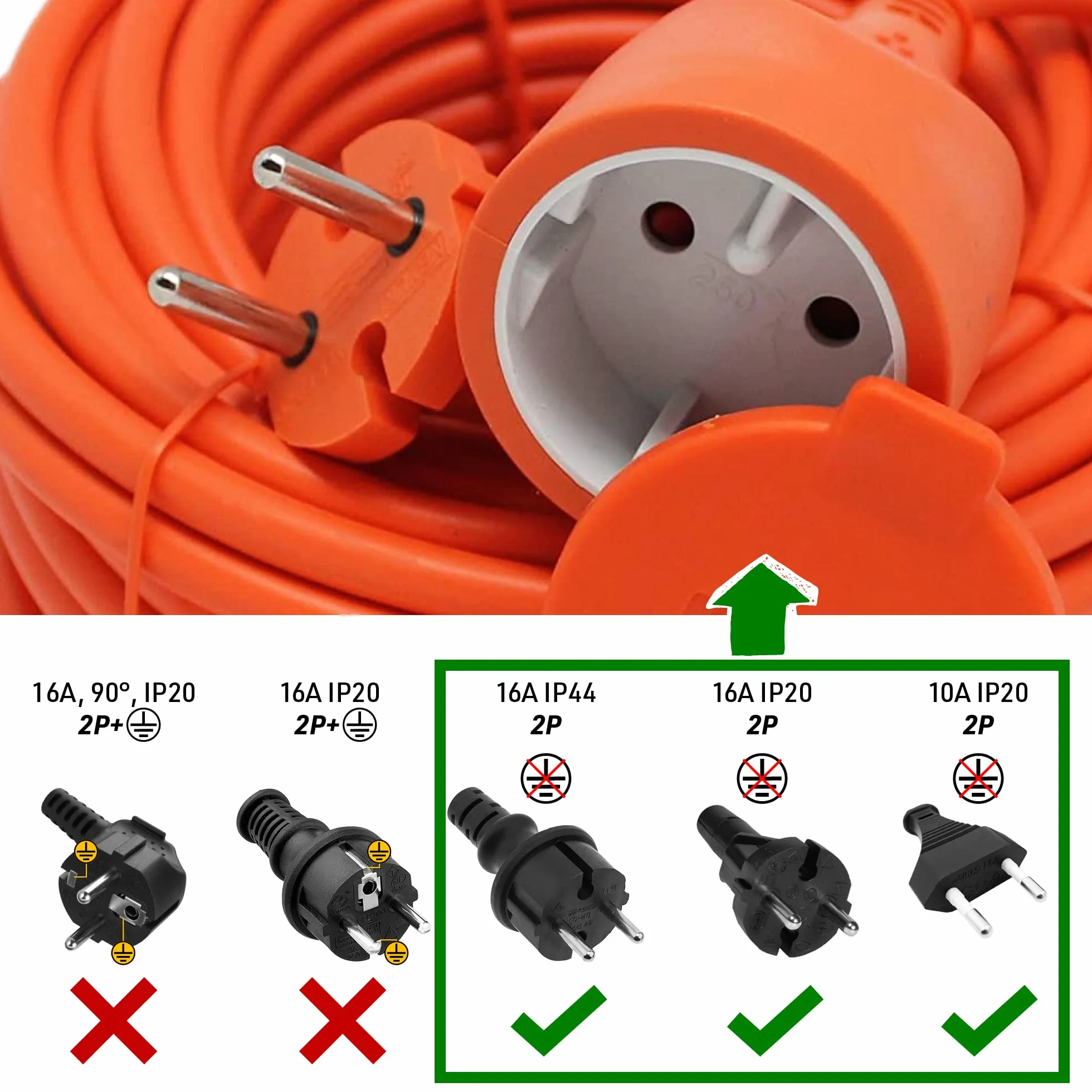 Electraline Rallonge Prolongateur Jardin 50m avec Enrouleur 16A Section 2x1,5mm² Orange/Vert Prise Type C/EF 2 Broches EU