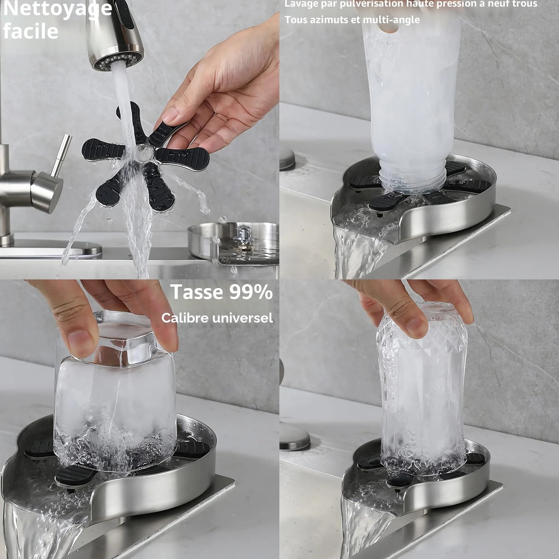 Rince Verre Evier Acier Inoxydable pour Cuisine, Nettoyeur Verres Bouteilles Tasses Café