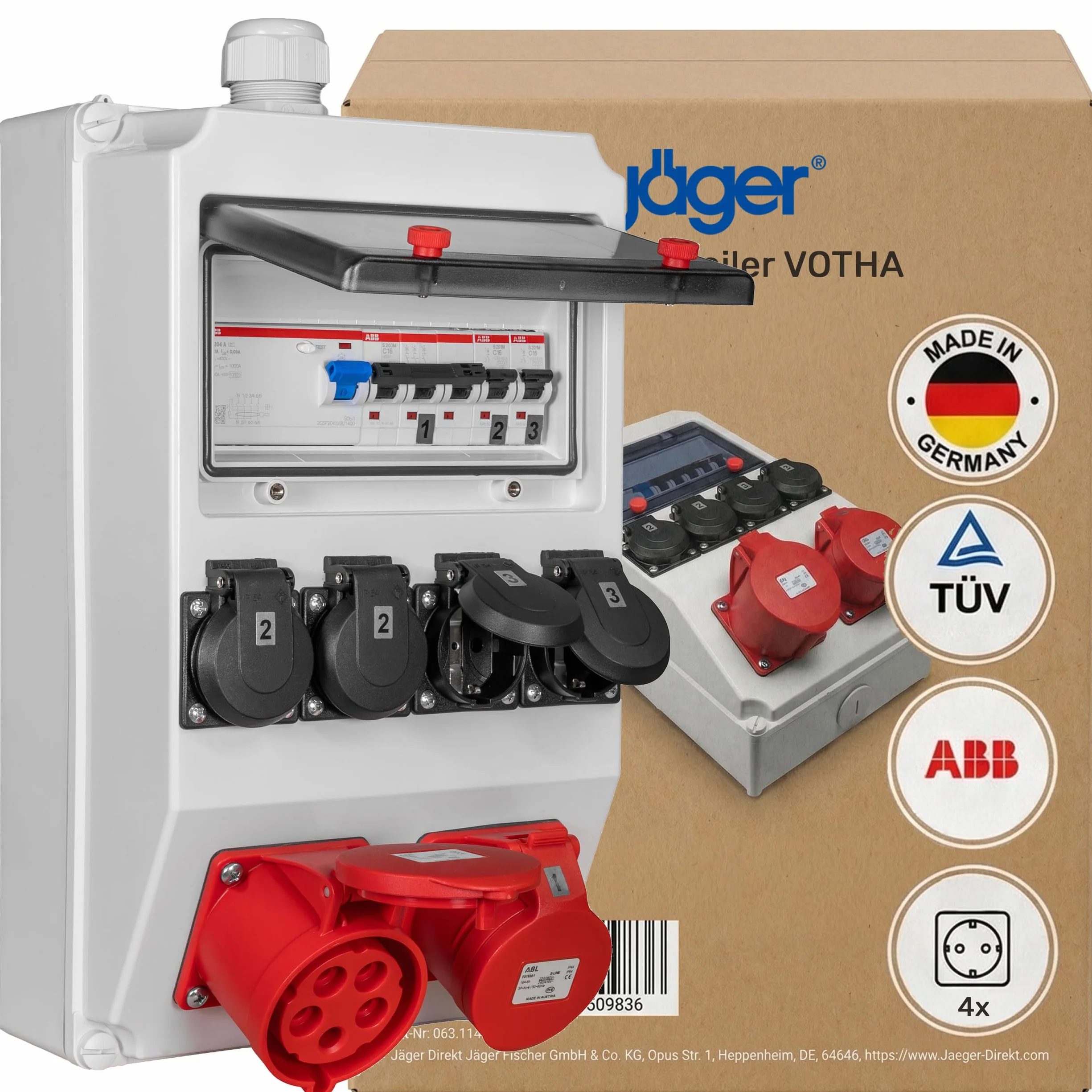 JÄGER Distributeur mural en saillie, répartiteur de courant 400 V avec ABB FI & LS, 2 x CEE 16 A / 32 A