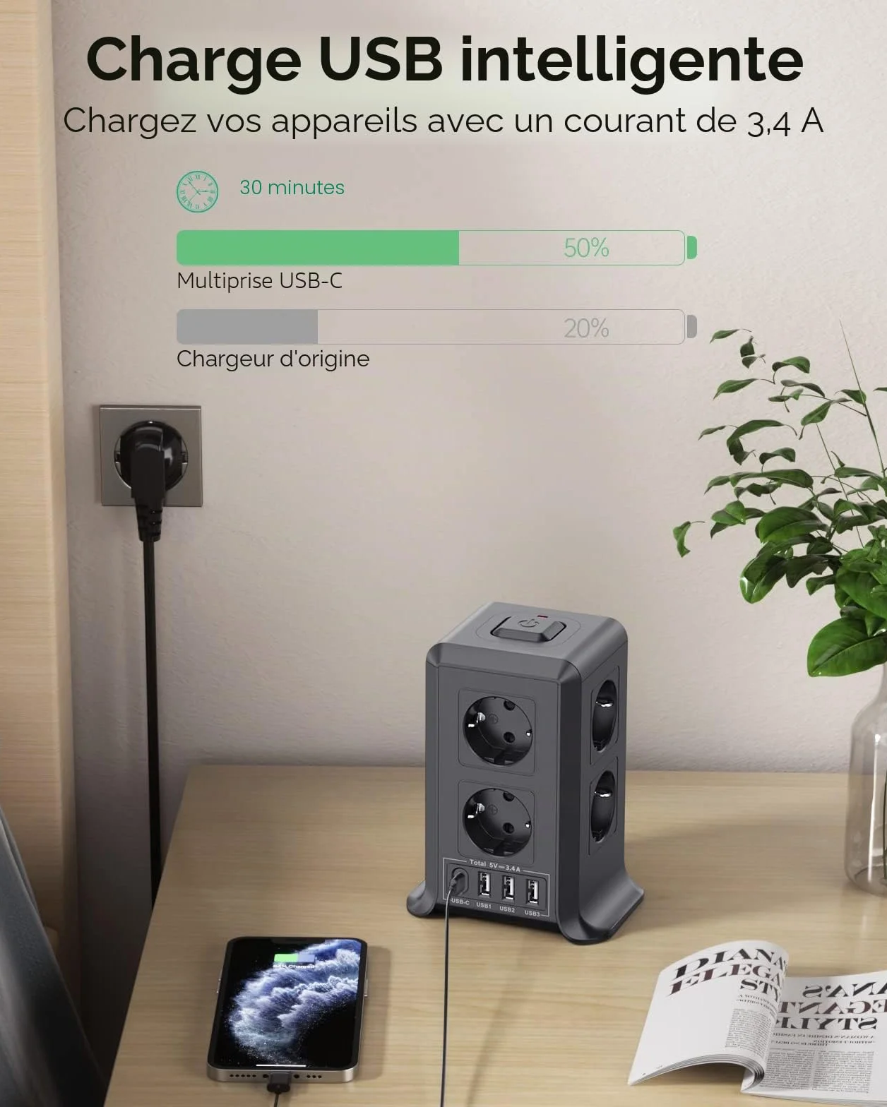 Multiprise 8 Prises 4 USB Parafoudre Surtension 2M Câble