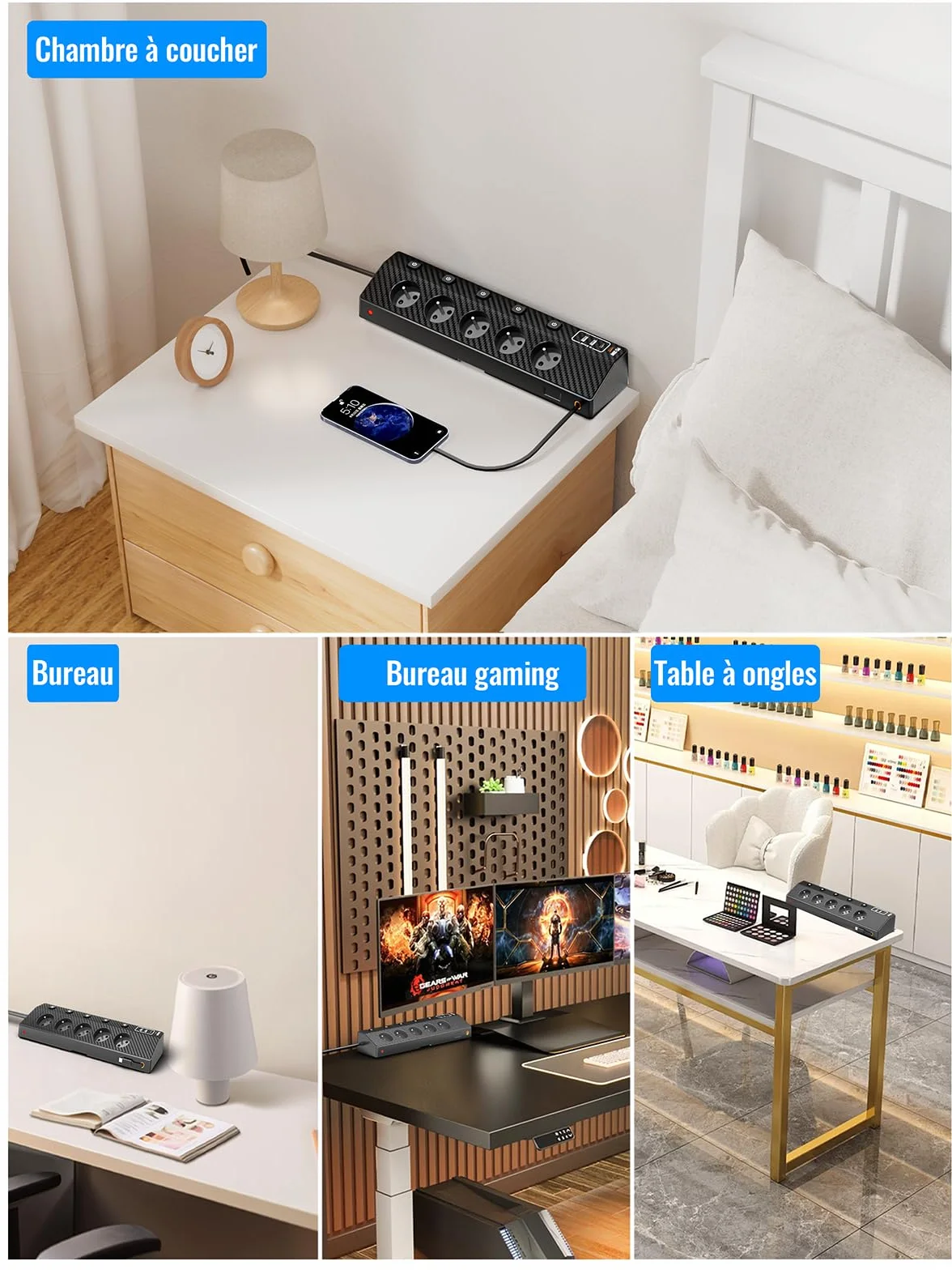Multiprise Française USB PD 30W 5 Prises Secteur 5 USB 4000W Parafoudre Surtension 3M Noir