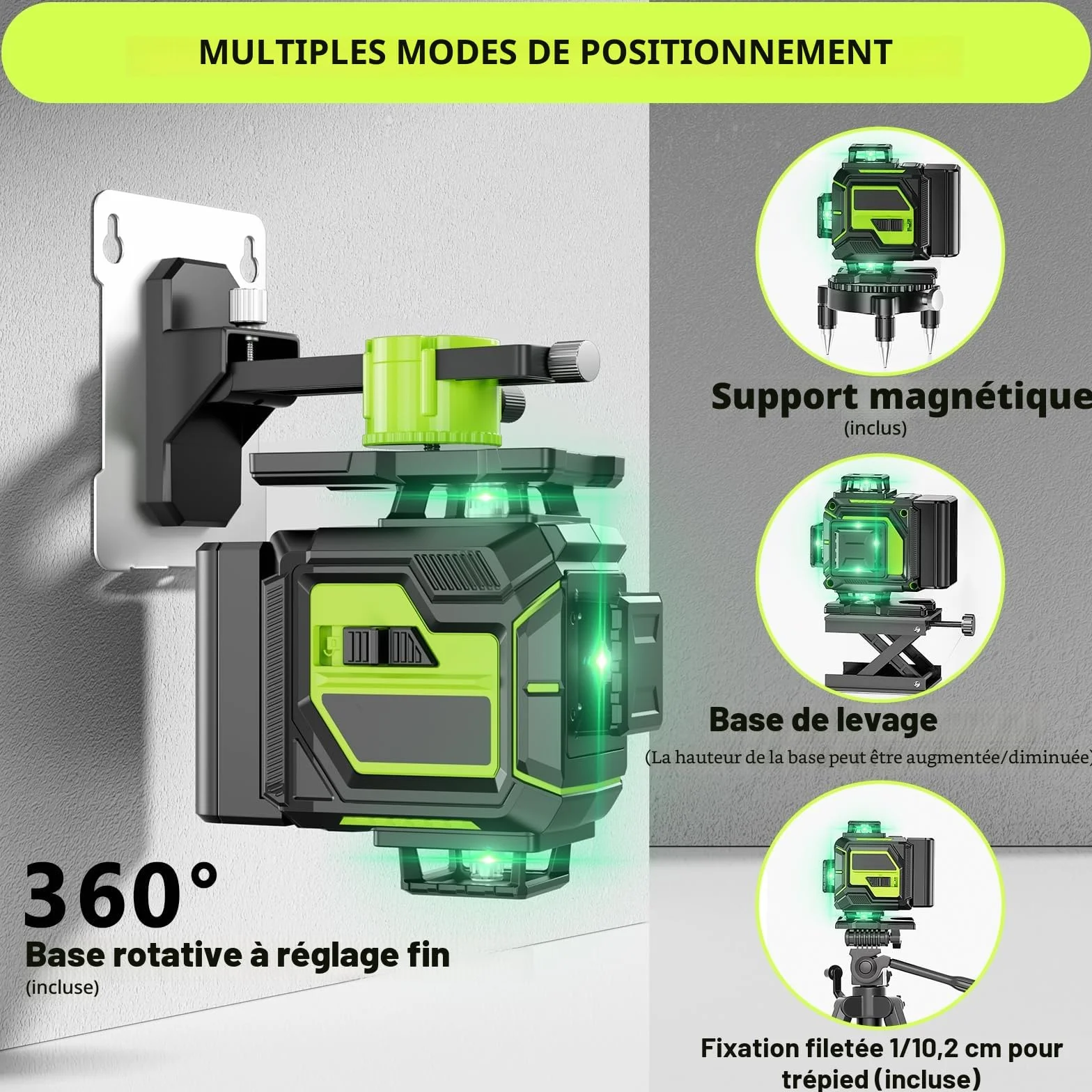 Niveau Laser Chantier Autonivelant 360° 4D 16 Lignes avec Trépied, Batterie et Télécommande