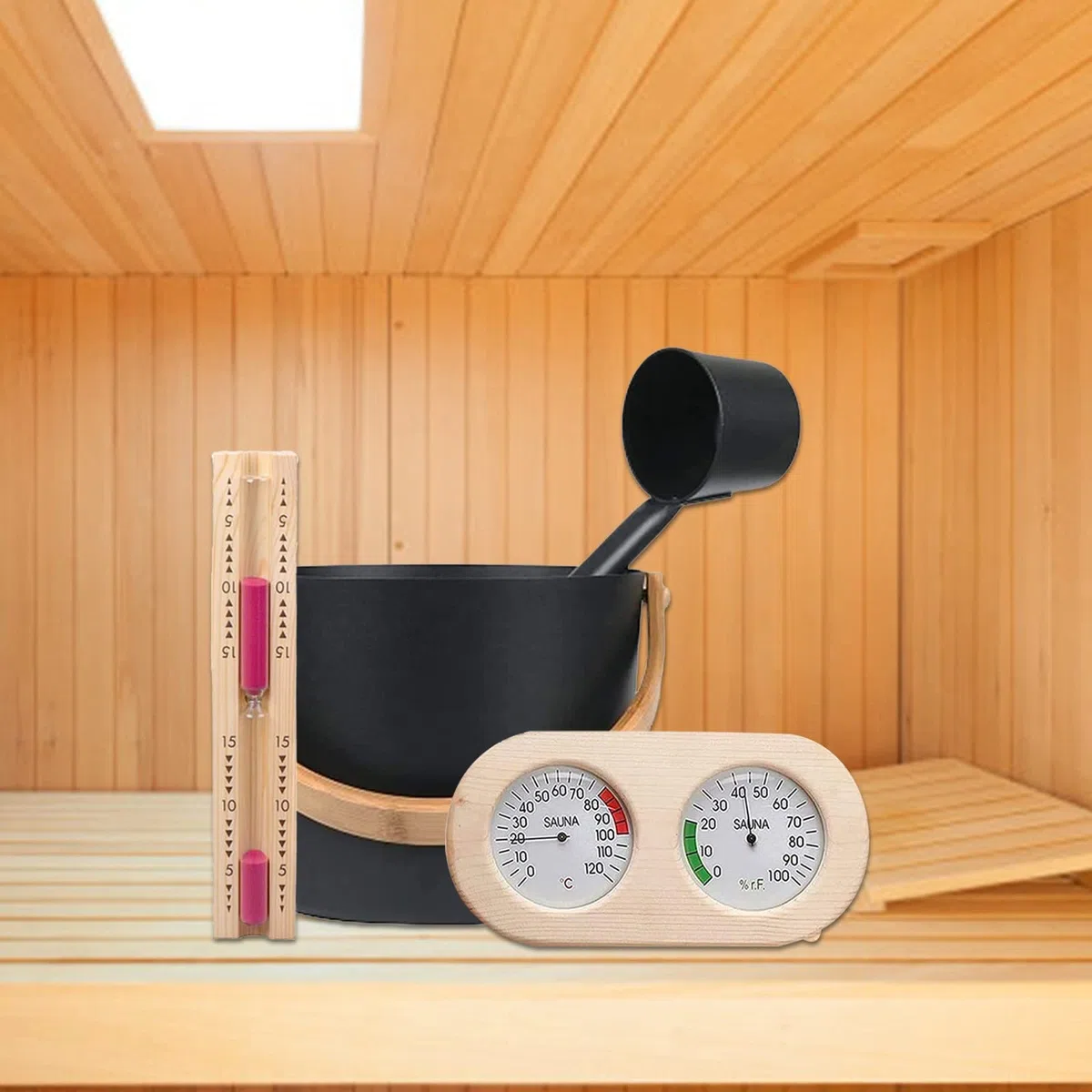Seau Pour Sauna 7L Set Complet Avec Louche En Bois Pin Finlandais Thermomètre Hygromètre Sablier