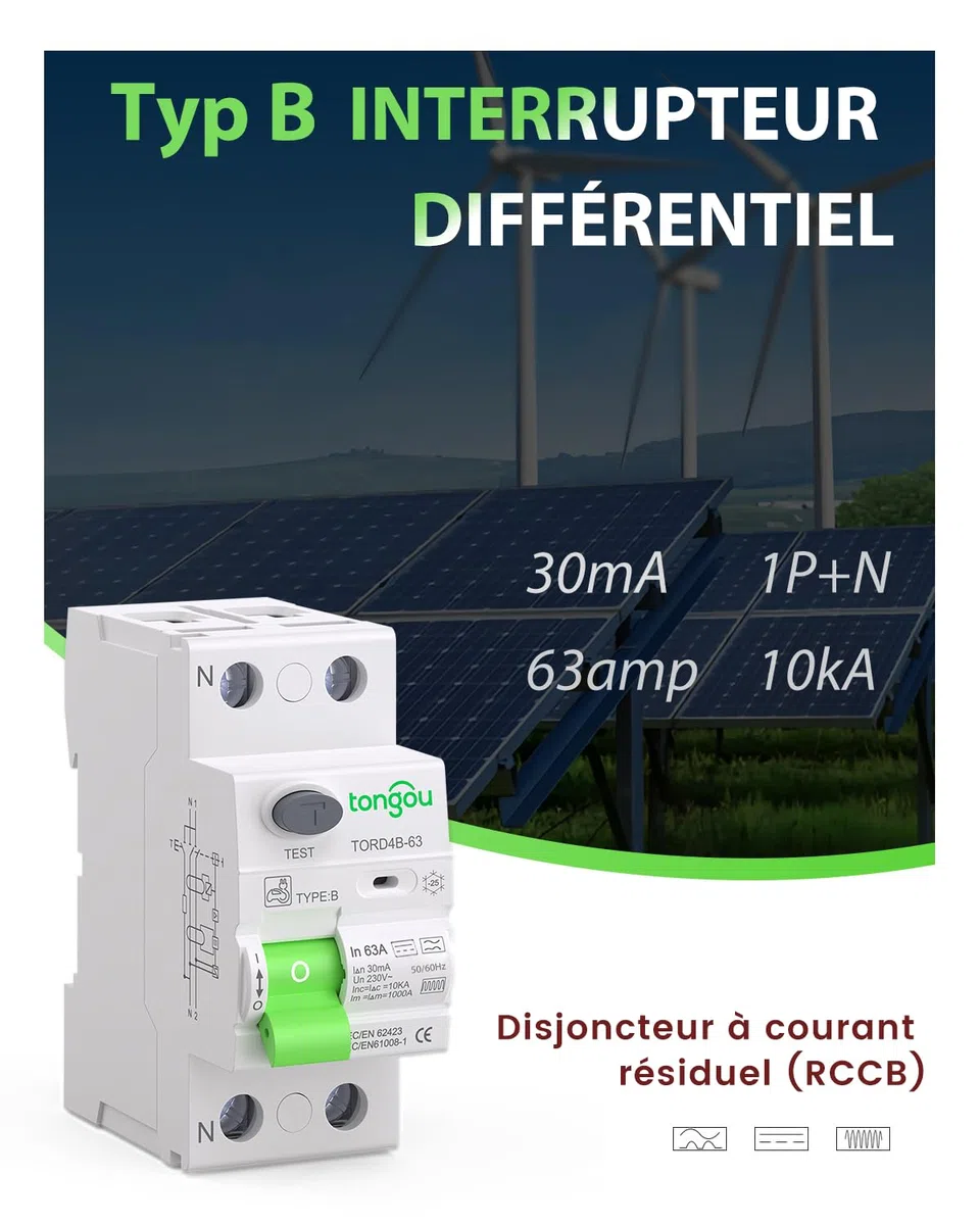 TONGOU Disjoncteur Différentiel 30mA 63A Type B 230V 1P+N
