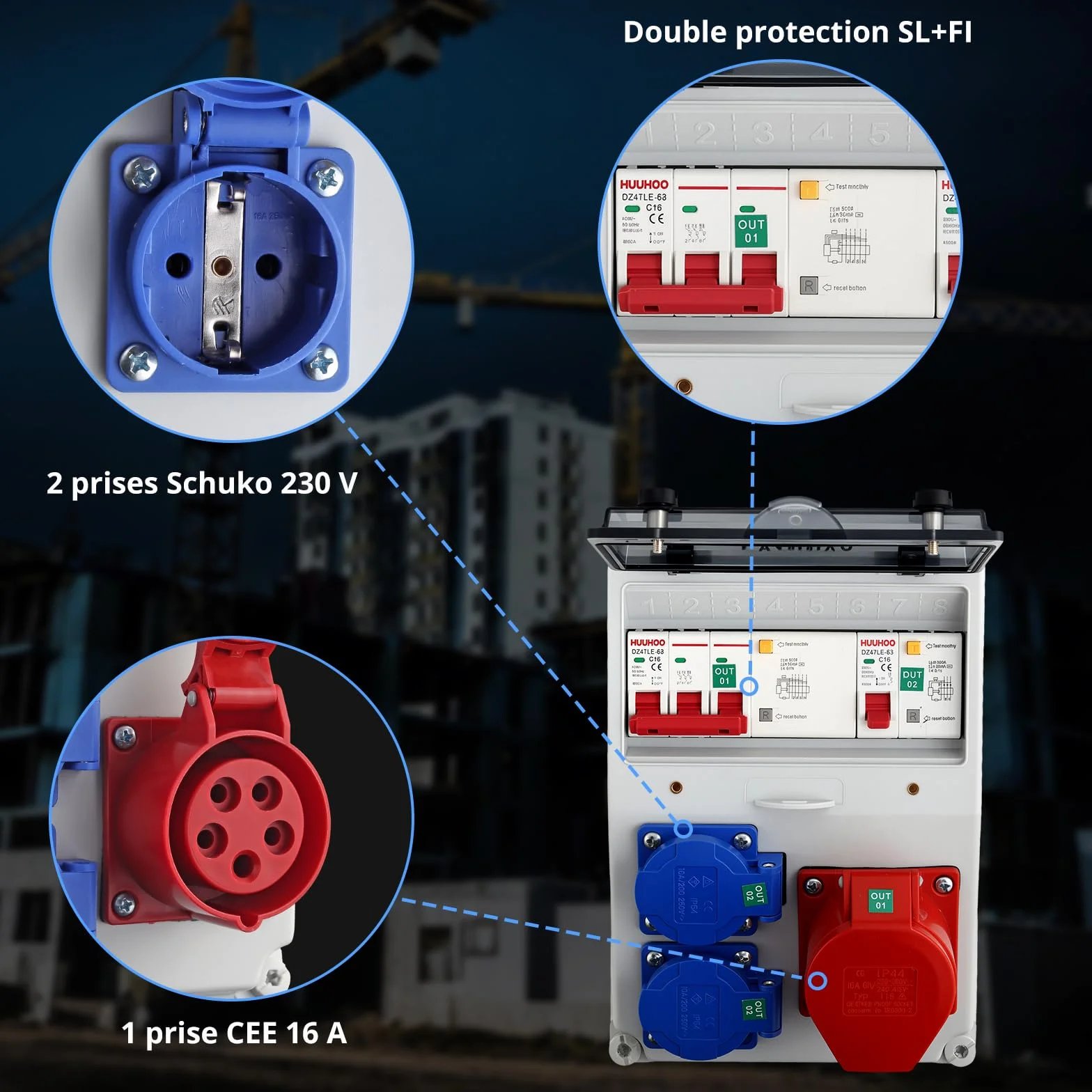 CAMWAY Coffret Électrique de Chantier IP66 2 Prises Schuko 1 CEE16A Disjoncteur FI+LS