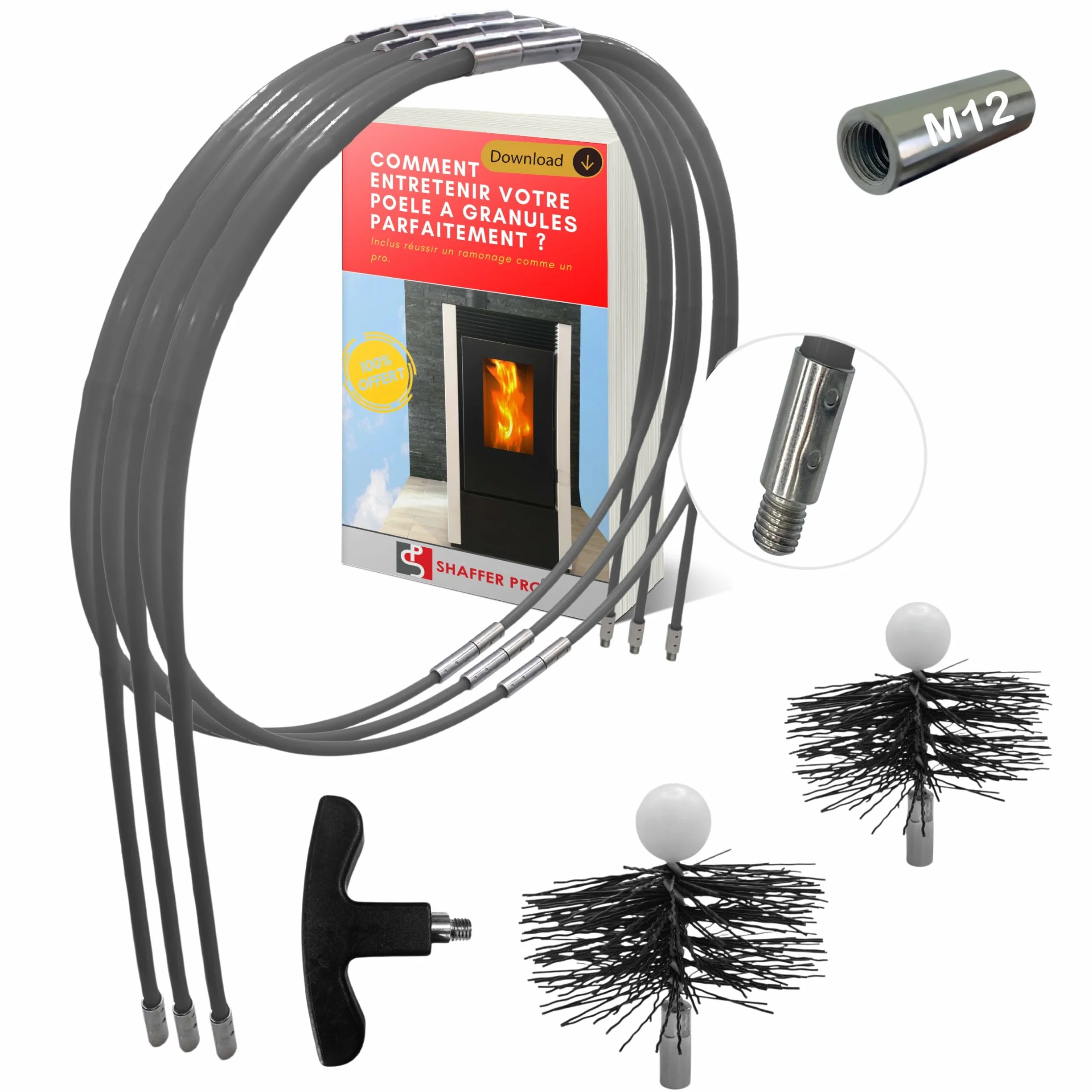 Kit de ramonage pour poêle à granulés 6 mètres | Hérisson 80/100 mm | 10 tiges flexible