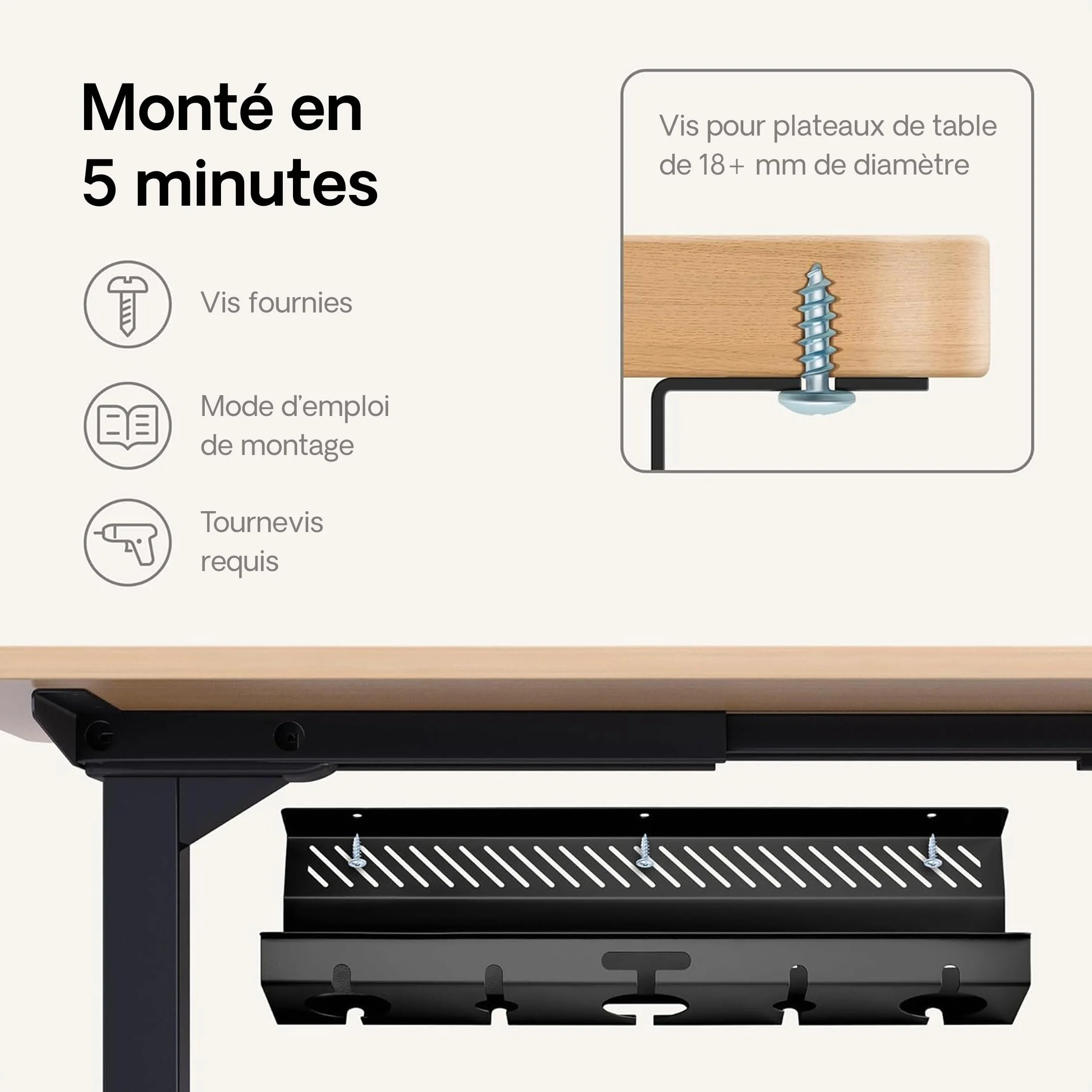 Lot de 2 Goulottes de Câbles de Bureau en Acier Inoxydable avec 5 Découpes - Noir