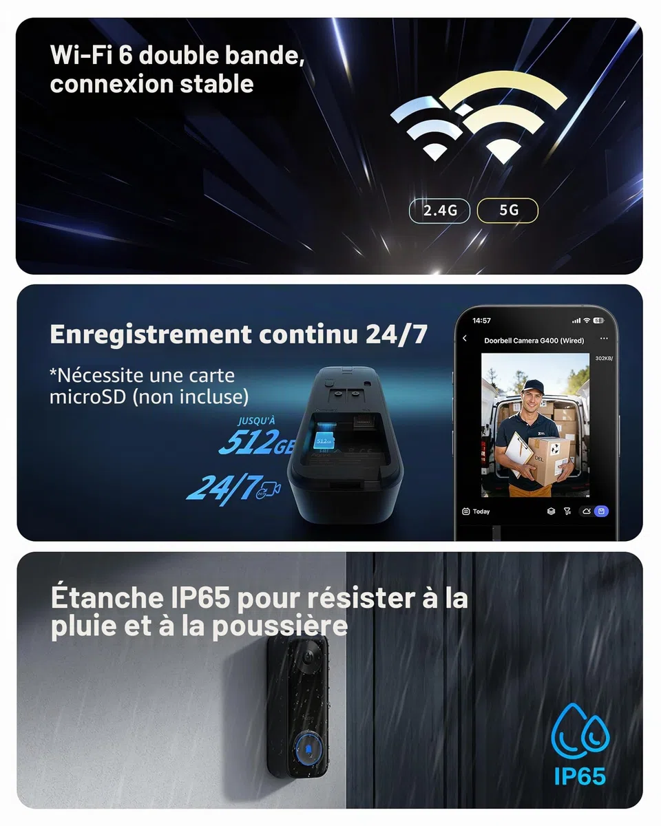 Aqara G400 Sonnette Vidéo PoE/WiFi HomeKit Secure Video 2K Wi-Fi 6 IP65 Compatible Alexa Google SmartThings