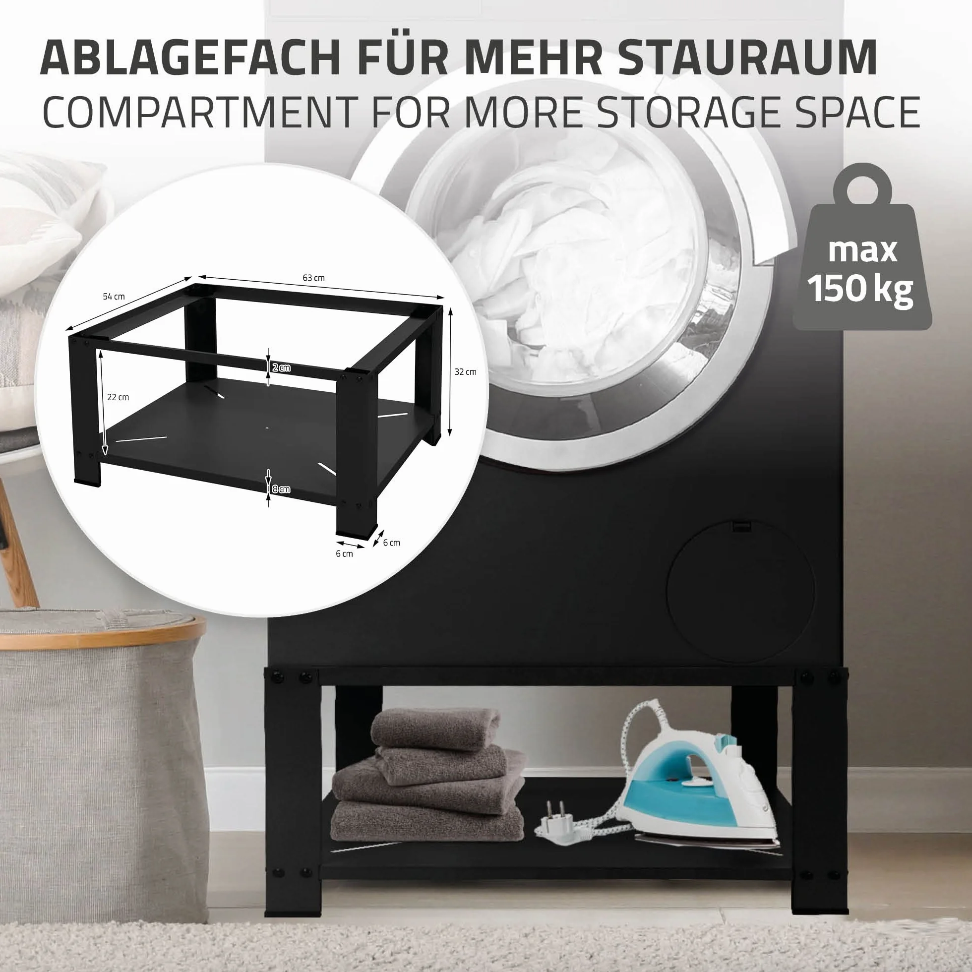Socle pour Machine à Laver ML-Design Acier Noir 63x54 cm 150 kg Support Lave-Linge Pieds Antidérapants