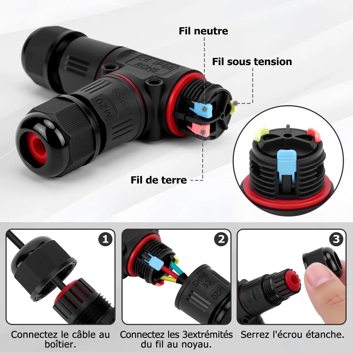 Connecteur Electrique Etanche IP68 3 Fils Forme T Ø3-12mm