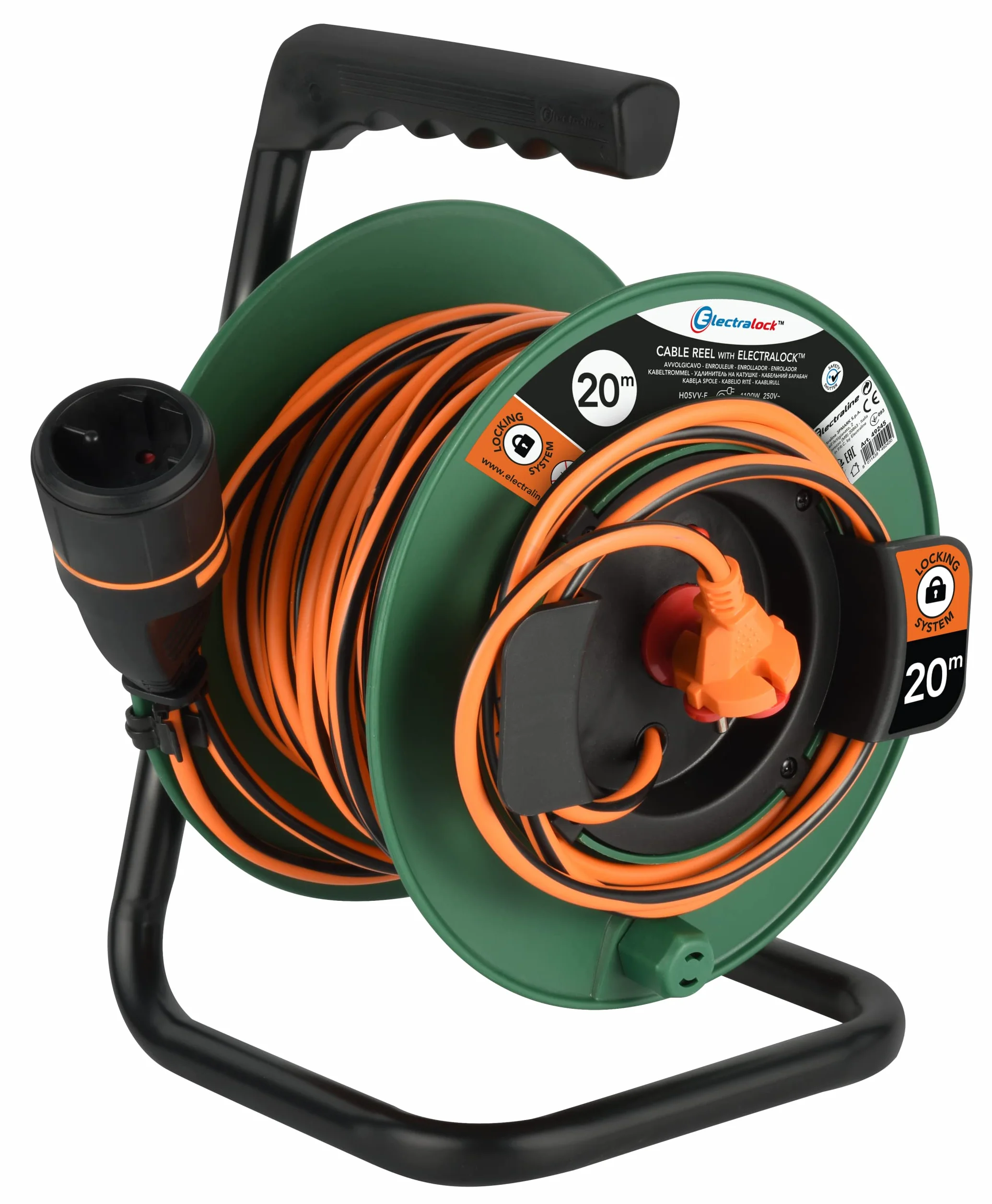 Electraline Rallonge Prolongateur Jardin avec Enrouleur 20 M 2 x 1.5 mm Prise Européenne Electralock Noir Orange