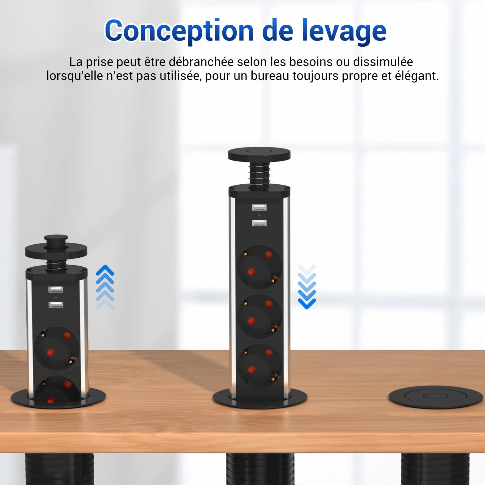 Multiprise Encastrable Bloc 3 Prises EU 2 USB Diamètre 60mm Câble 1,8m Prise Escamotable Noir