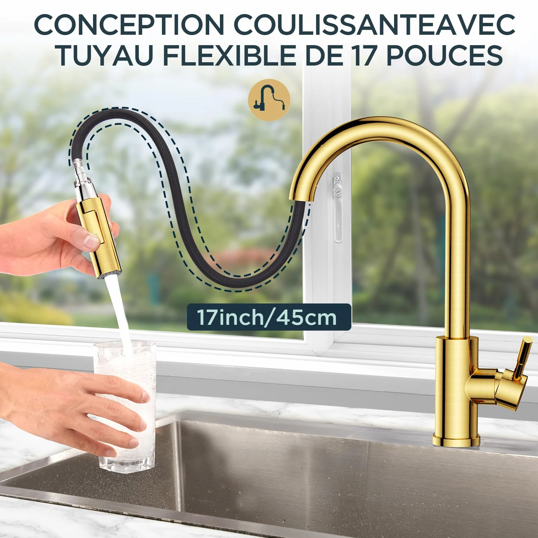 FORIOUS Robinet Cuisine Mitigeur Douchette Pivotant 360° Évier Arc Élevé Pulvérisateur Escamotable 2 Modes Or Brossé