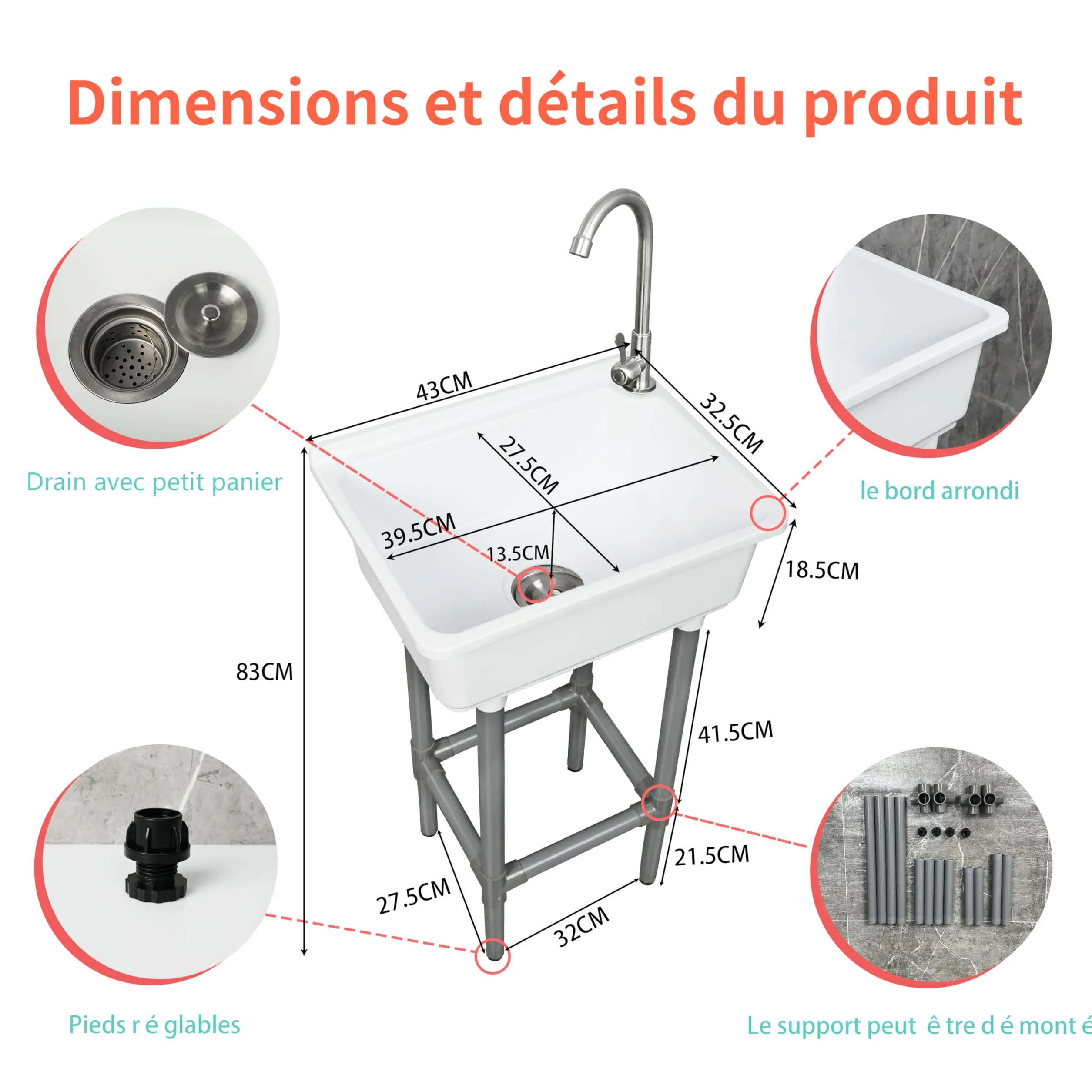 Évier utilitaire mural 42x32 cm cuve unique plastique avec trou robinet 3,2 cm