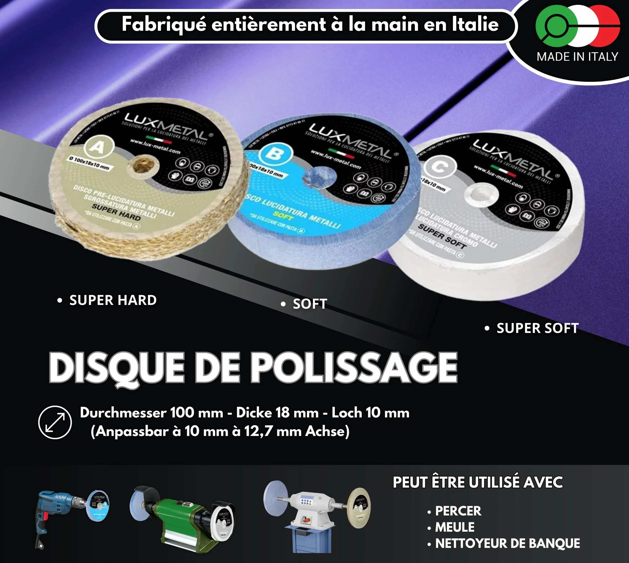 Kit de Polissage 3 Disques 100 mm 3 Pâtes Abrasives 250 g pour Métaux Acier Inoxydable Aluminium