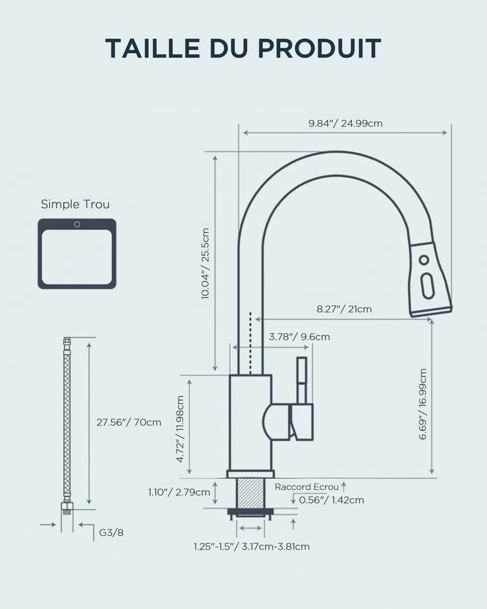 FORIOUS Mitigeur Cuisine Pivotant 360° Arc Élevé Pulvérisateur Escamotable 2 Modes Acier Inoxydable
