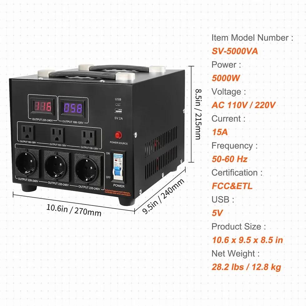 VEVOR Transformateur 220V⇄110V Convertisseur de Tension 5000W avec 3 Prises US et EU