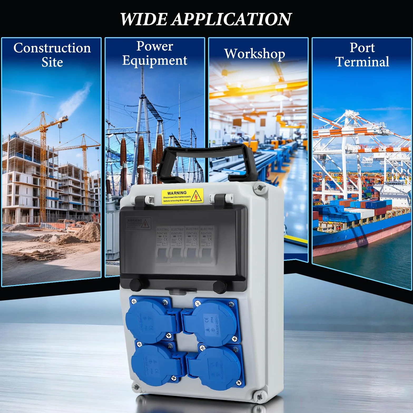 Répartiteur électrique de chantier 32A IP67 avec 4x interrupteurs différentiels FI/LS 16A
