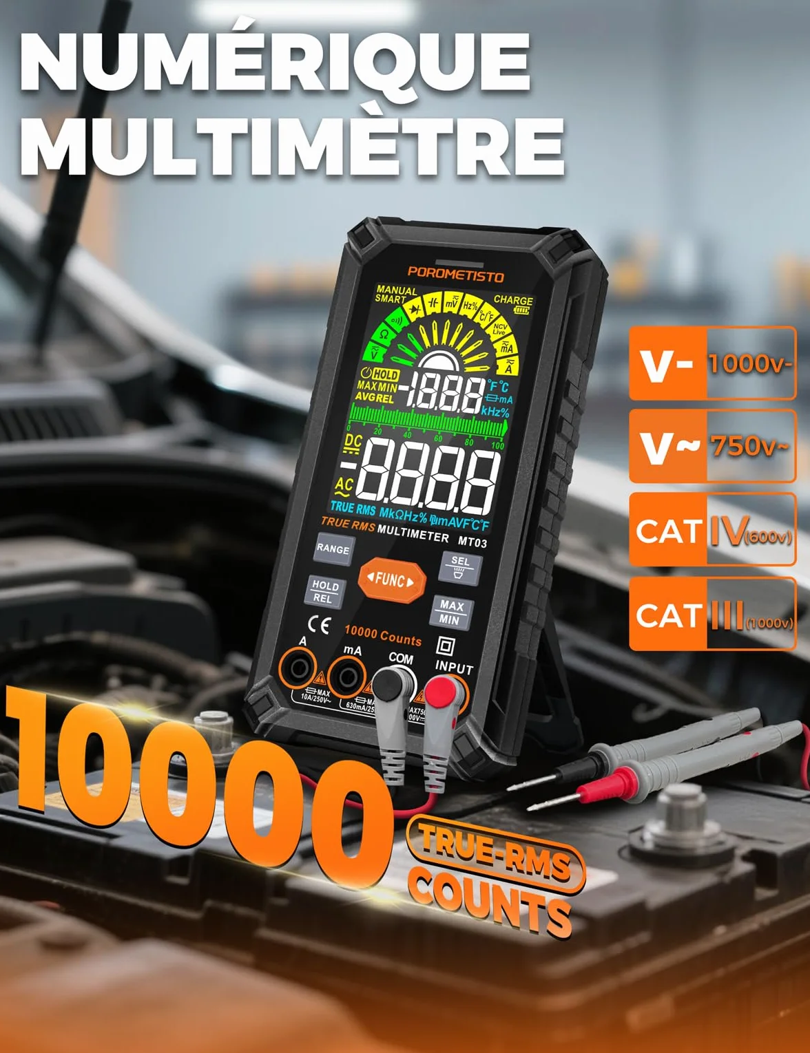 POROMETISTO Multimètre Numérique 10000 Comptes 750V CA 1000V CC Automatique Rechargeable
