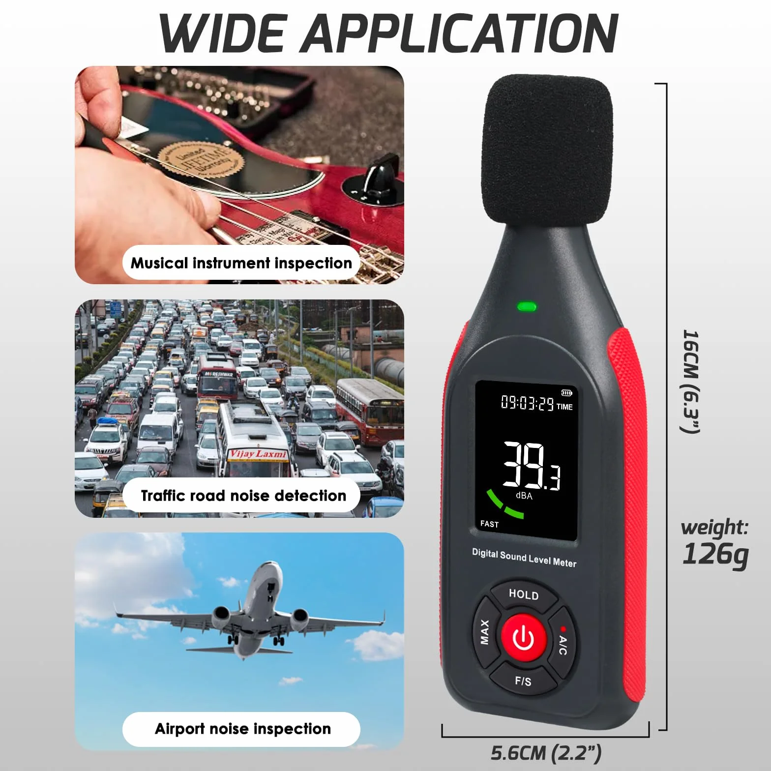Décibelmètre Professionnel 30dB à 130dB MAX Data Hold Numérique SPL dB Meter avec Alarme et Rechargeable