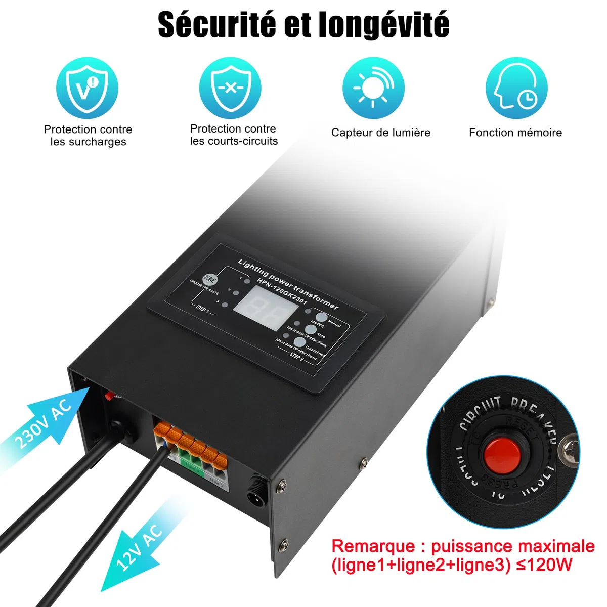 COOLWEST 120W Transformateur 220V 12V AC Capteur de Lumière Alimentation 10A Extérieur pour Éclairage Jardin MR16 GU5.3