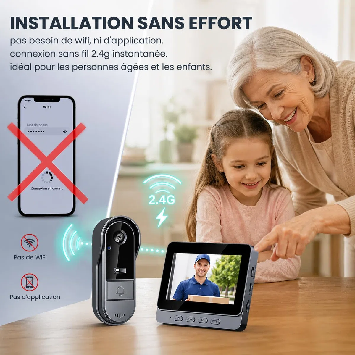 Sonnette sans Fil avec Caméra Extérieur Étanche 1080P, Visiophone Vidéo sans Fil Écran 4.3" Interphone Vidéo Exterieur Etanche Angle 170° Portier Vidéo Maison
