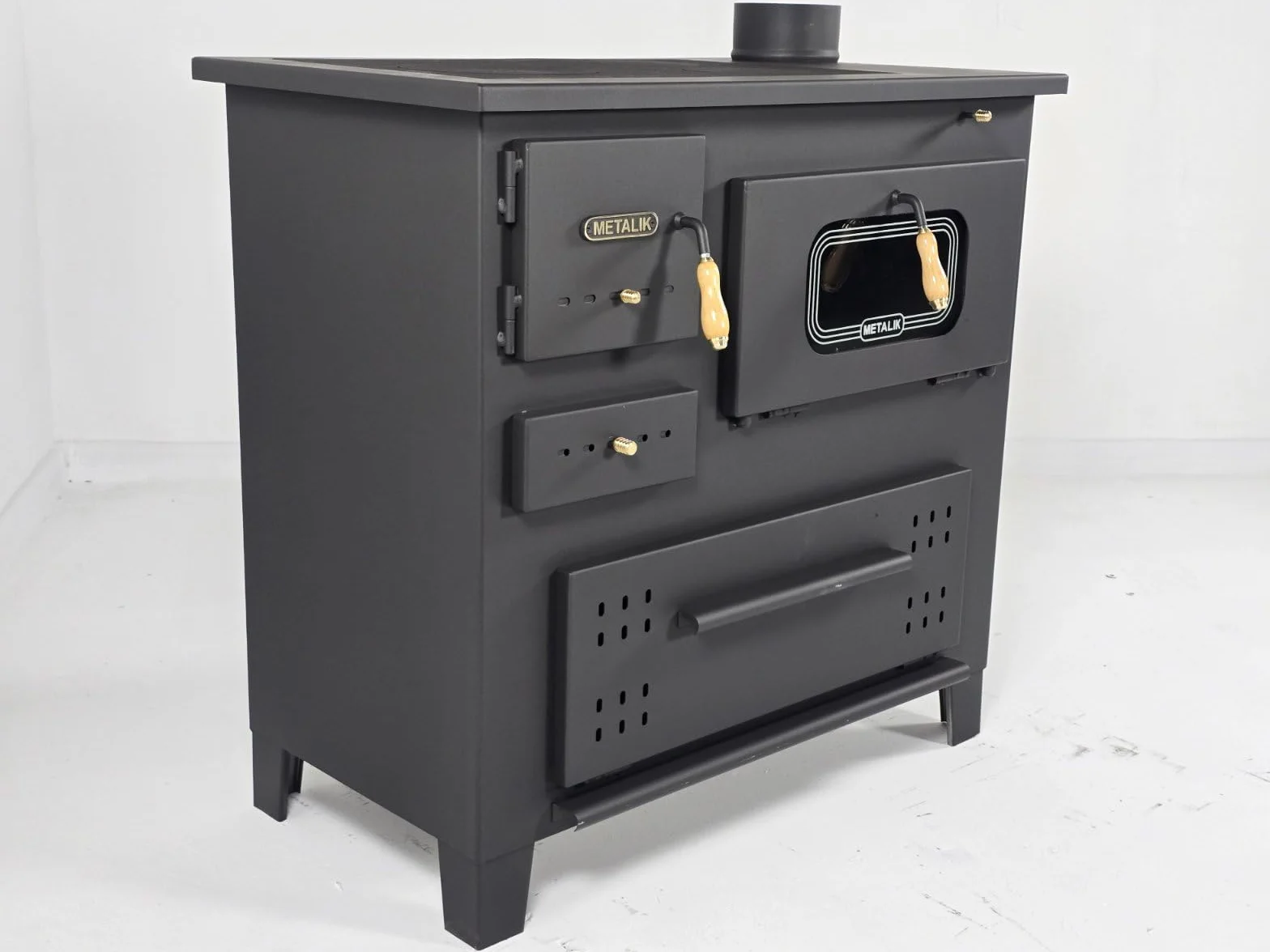Prity Poêle à bois 13 kW avec plaque en fonte et brûleur à bûches