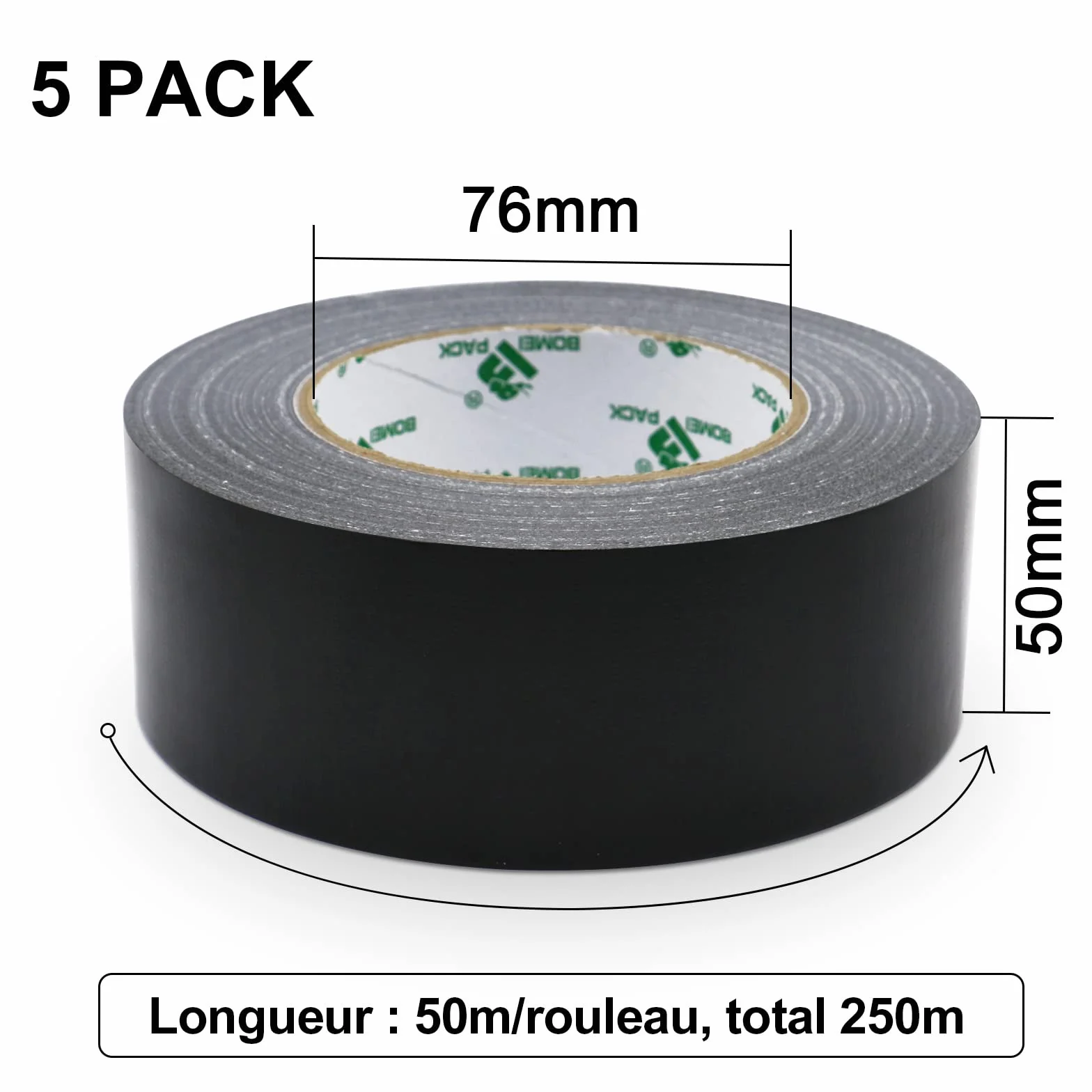 Ruban Adhésif Toilé Noir Heavy Duty 50 mm x 50 m 5 Rouleaux BOMEI PACK