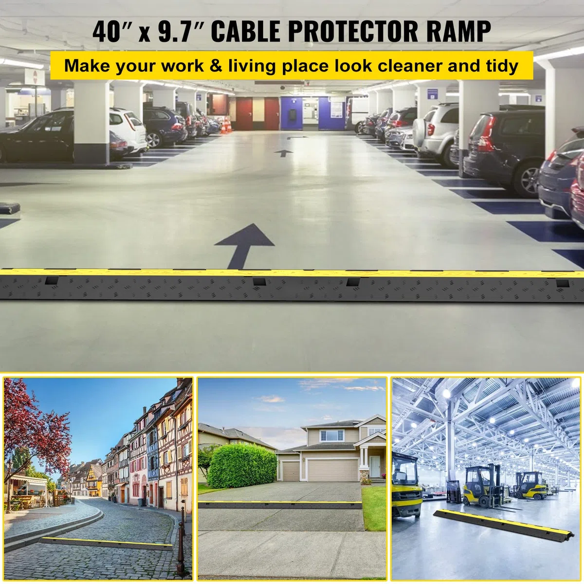 VEVOR Rampe Protection Câble Lot de 5 2 Canaux Passage de Câble au Sol Caoutchouc PVC Ralentisseur Modulaire 4989 kg 101x24,5x5 cm Noir/Jaune