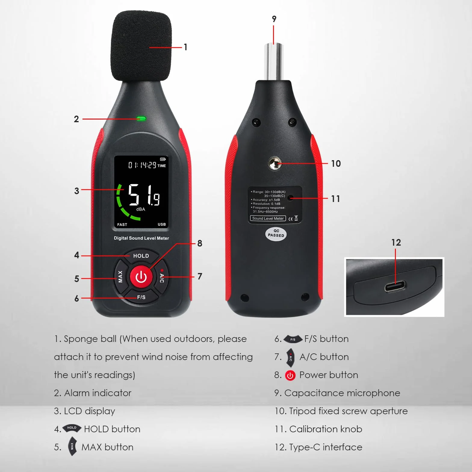 Décibelmètre Professionnel 30dB à 130dB MAX Data Hold Numérique SPL dB Meter avec Alarme et Rechargeable