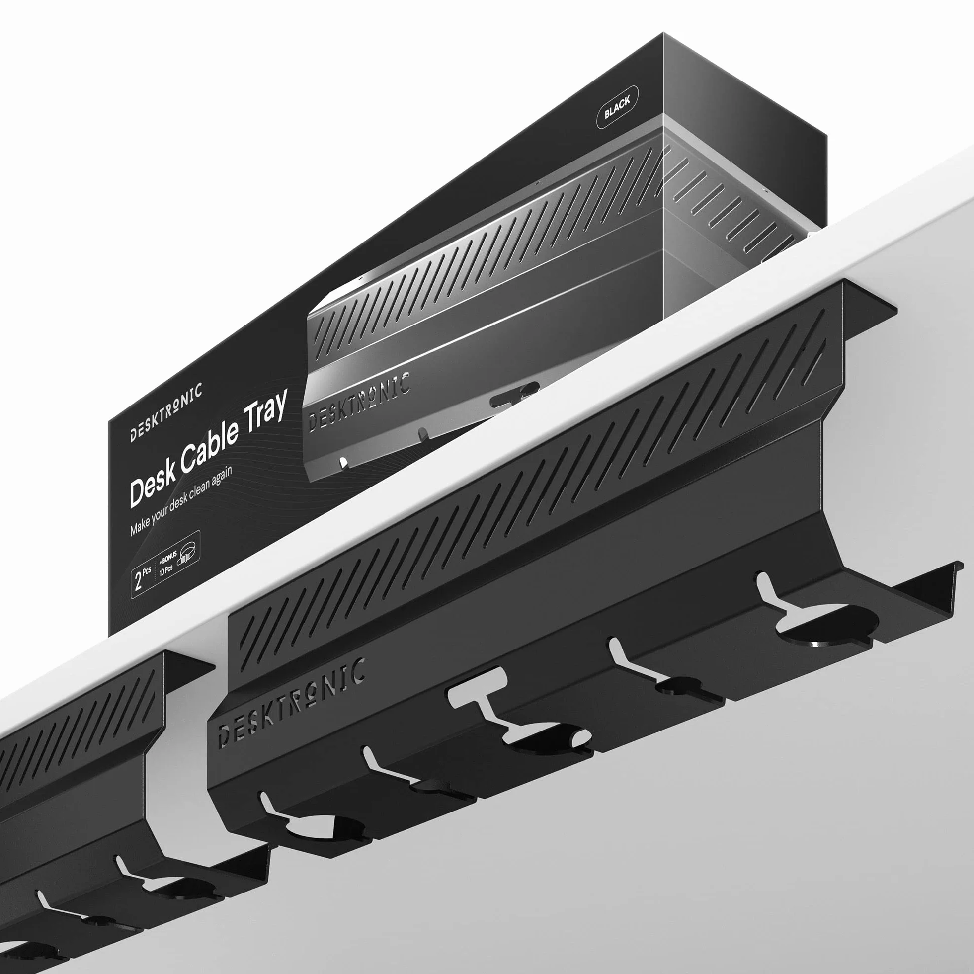 Lot de 2 Goulottes de Câbles de Bureau en Acier Inoxydable avec 5 Découpes - Noir