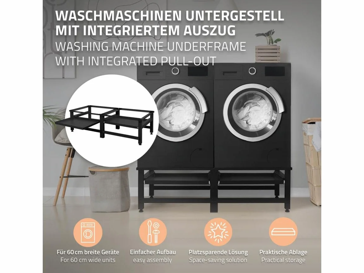 Support Double pour Machine à Laver ML-Design avec 2 Étagères Coulissantes, Acier, Noir, jusqu'à 310 kg