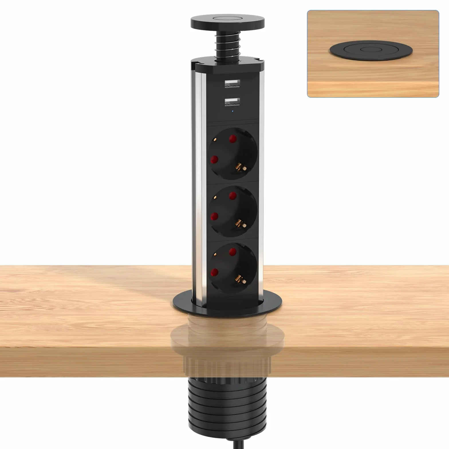 Multiprise Encastrable Bloc 3 Prises EU 2 USB Diamètre 60mm Câble 1,8m Prise Escamotable Noir
