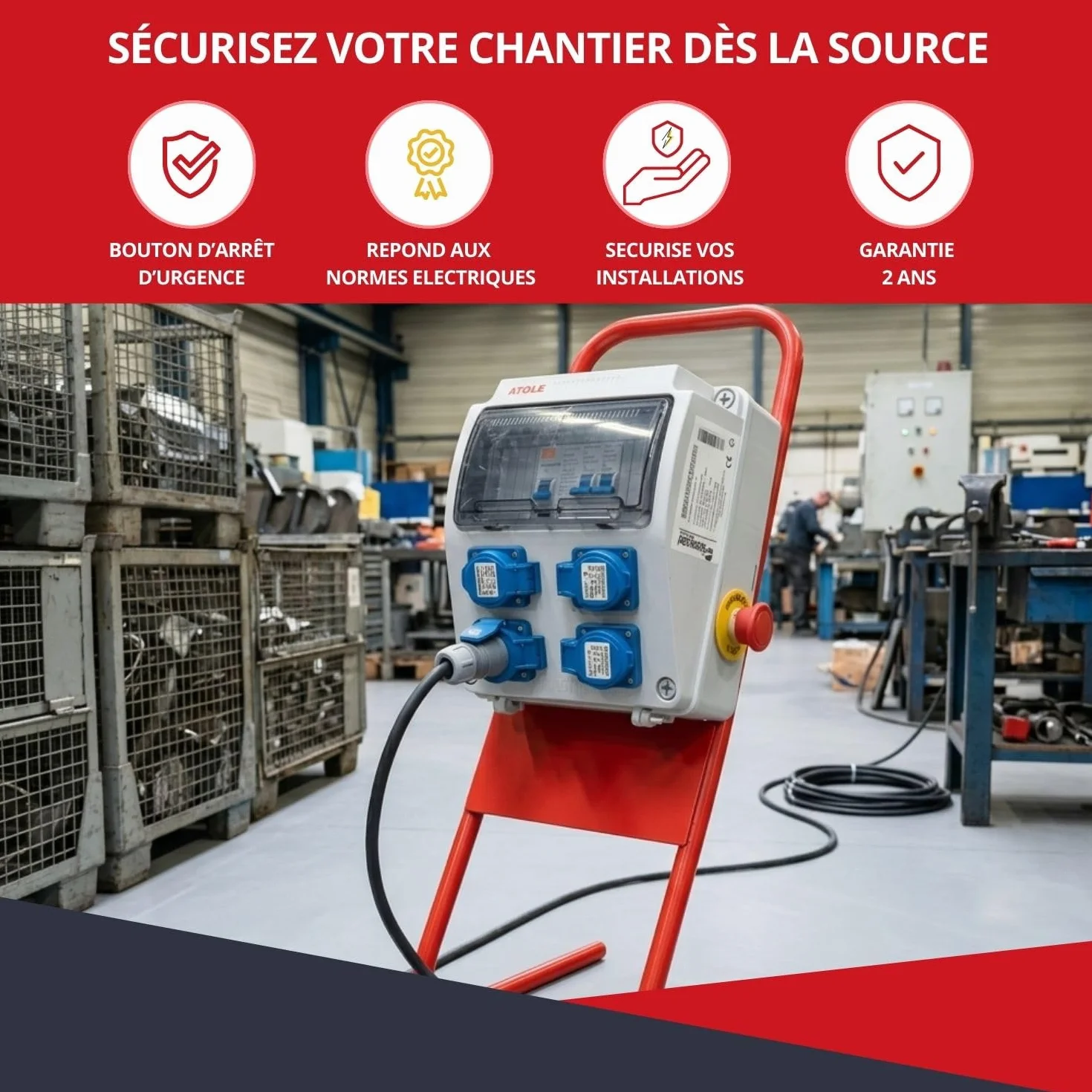 Coffret de chantier monophasé 9 modules 4 prises 16A IP54 ABS 7kVA