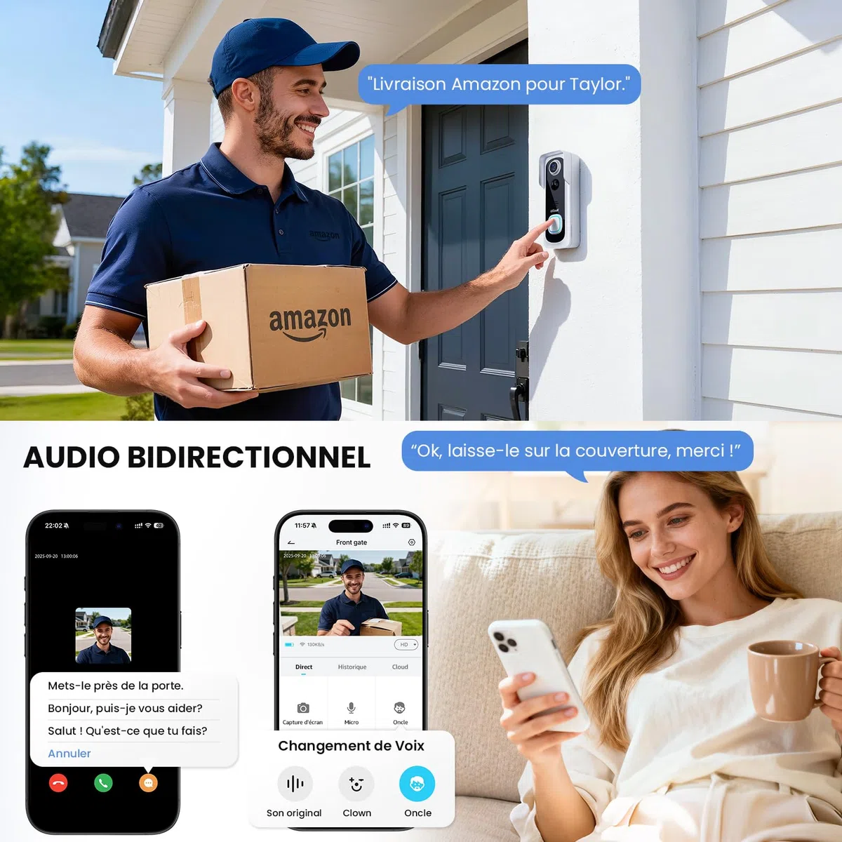 ieGeek 2K Sonnette sans Fil Exterieur Etanche Caméra Compatible Alexa Détection IA IP66 WiFi 2.4 GHz Blanc