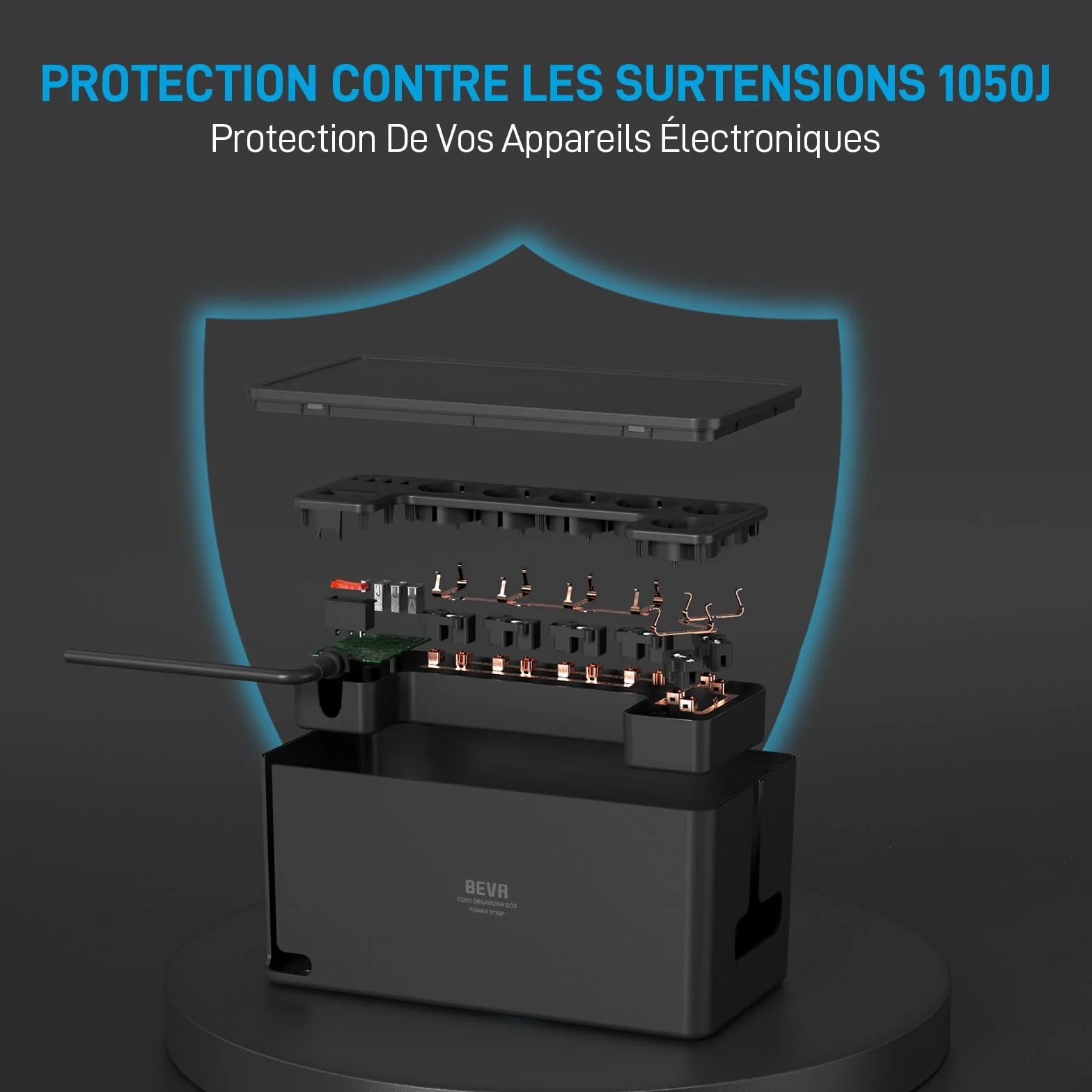 BEVA Multiprise Cachée 2M 1050J Parafoudre Surtension 6 Prises USB 3 USB-A 1 USB-C 15W Noir