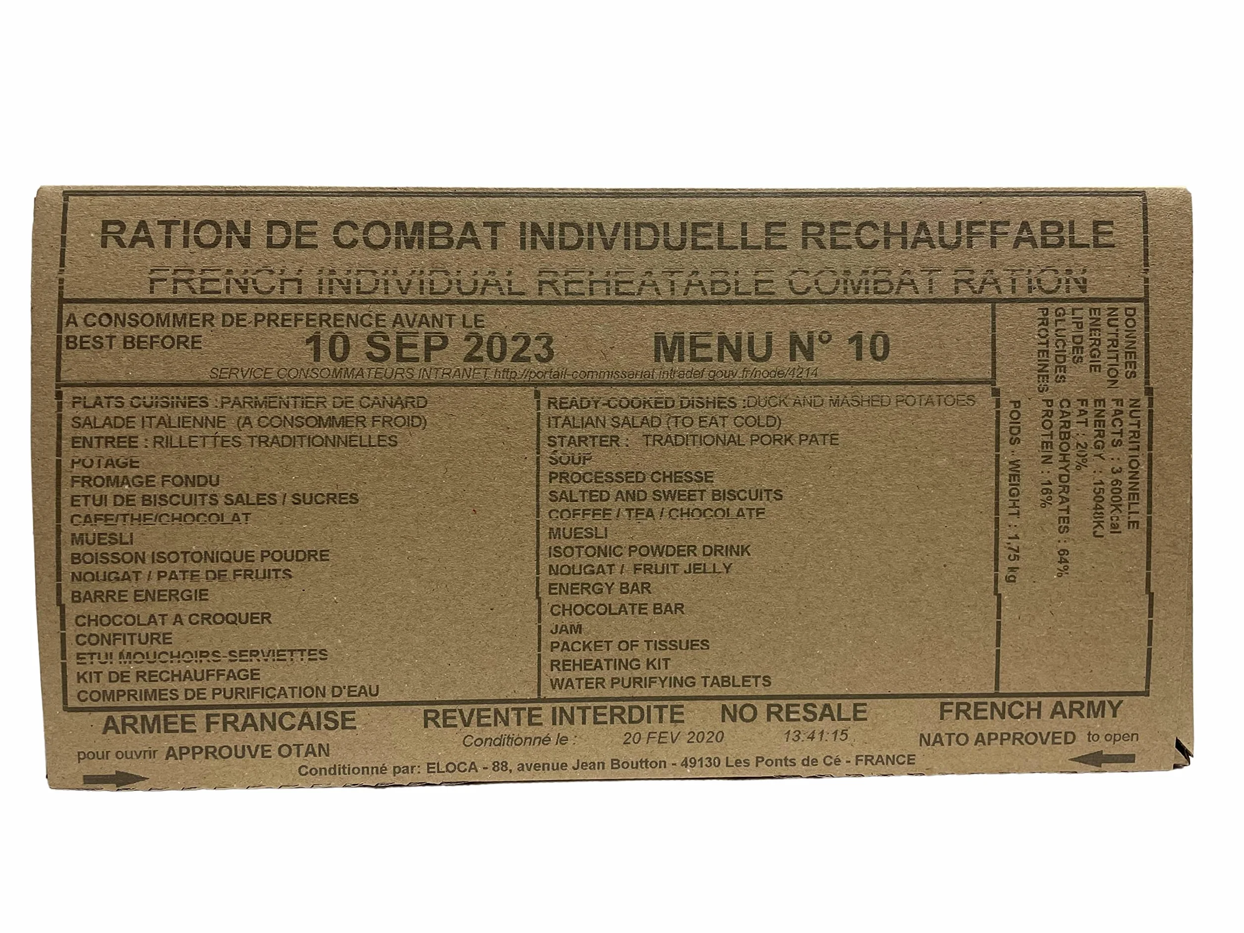 Pack de rations MRE 24h armée française menu 10