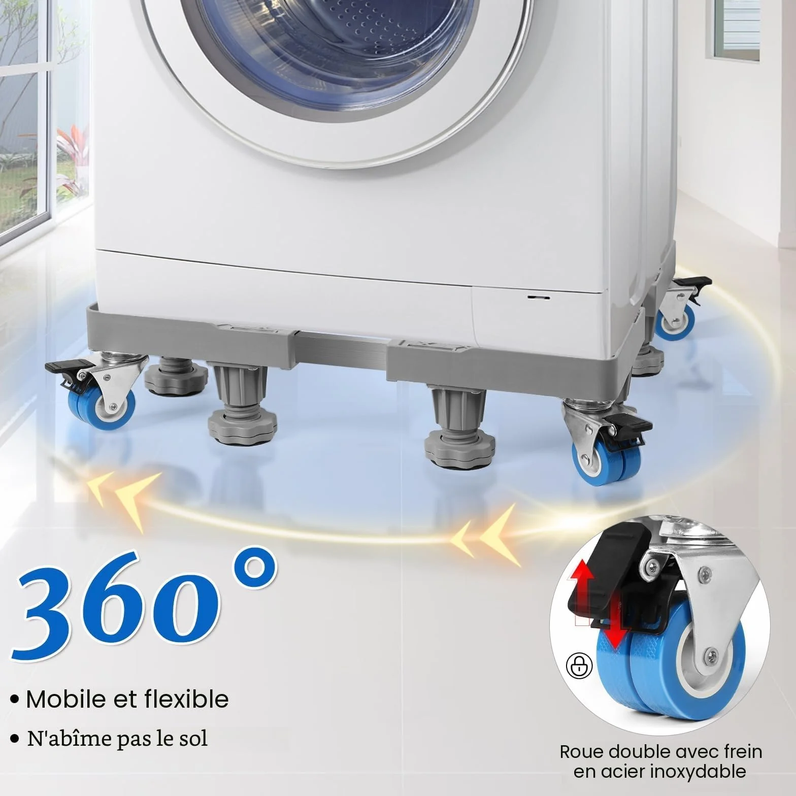 Support Machine à Laver Réglable 42-66 cm Socle Lave Linge 8 Pieds 4 Roues Base Antidérapante 300 kg