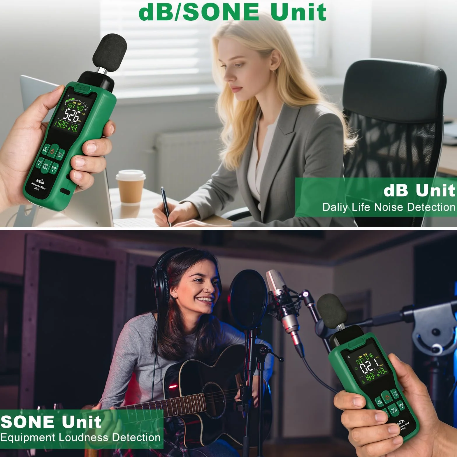 Sonomètre SQECH 30–130dB avec Mesure de Température et Humidité, Écran Rétroéclairé Couleur, Pondération A/C
